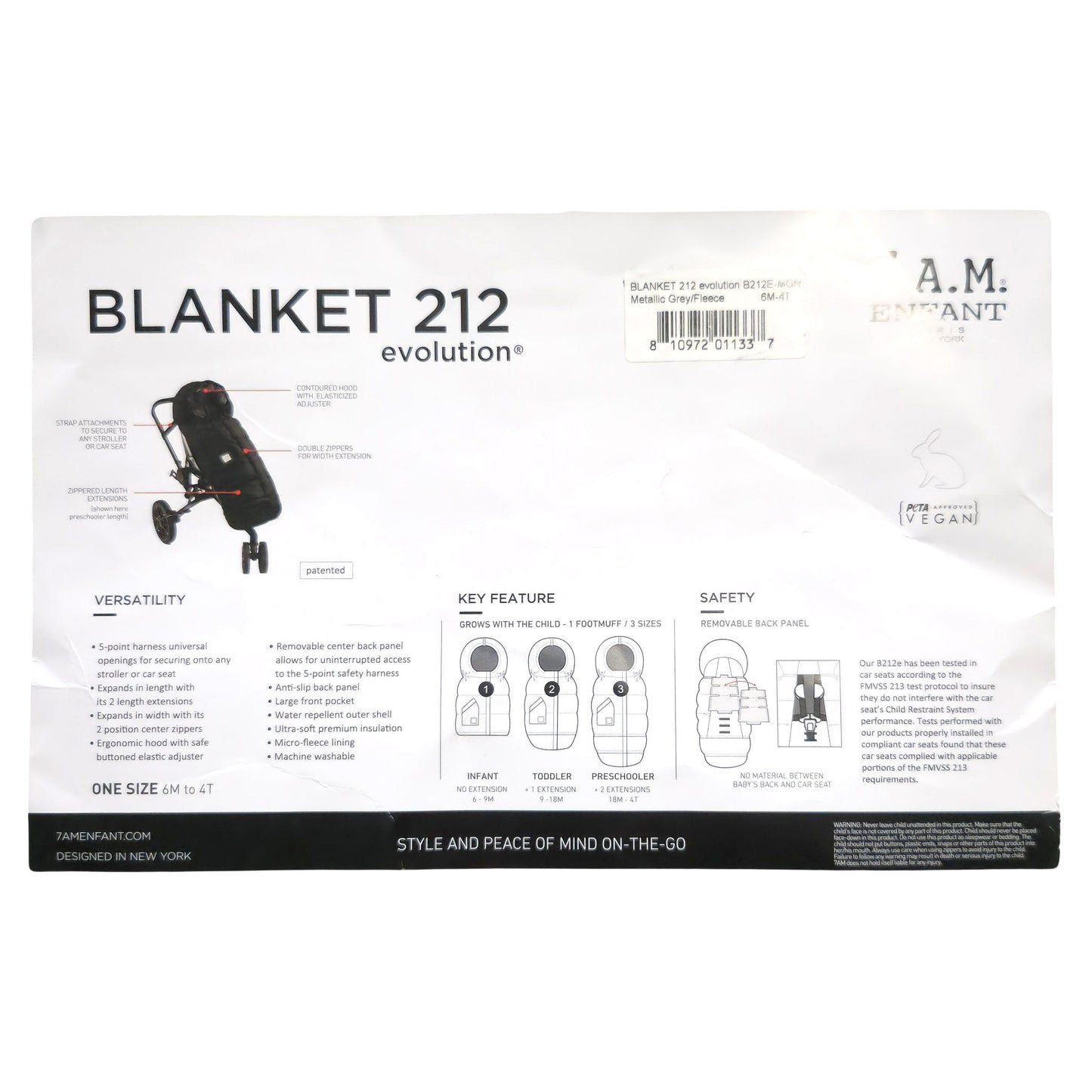A metallic grey 7AM Enfant stroller blanket packaging back