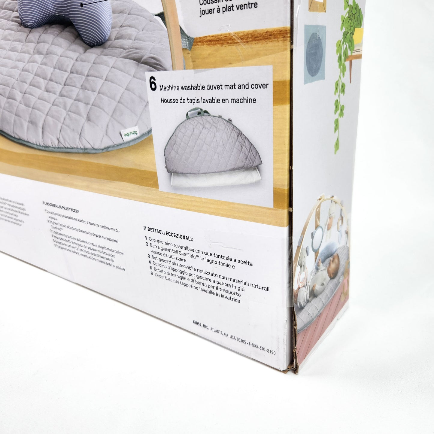 Ingenuity Cozy Spot reversible duvet activity gym in box back side of packaging box