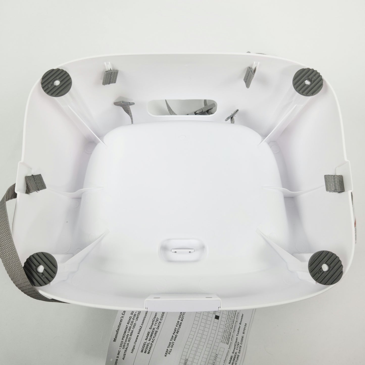 Ingenuity SmartClean toddler booster seat slate showing seat base and adjustable safety harness bottom view