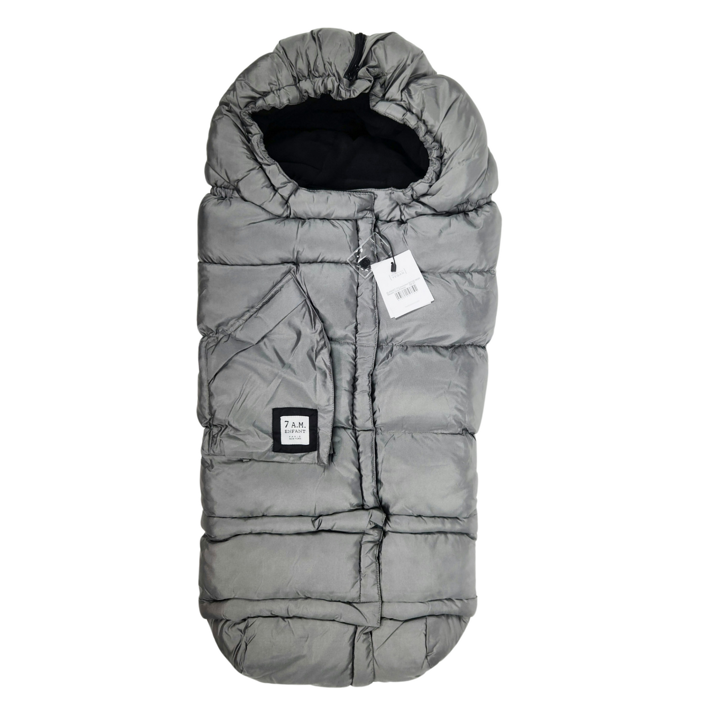 A metallic grey 7AM Enfant stroller blanket with a visible brand tag