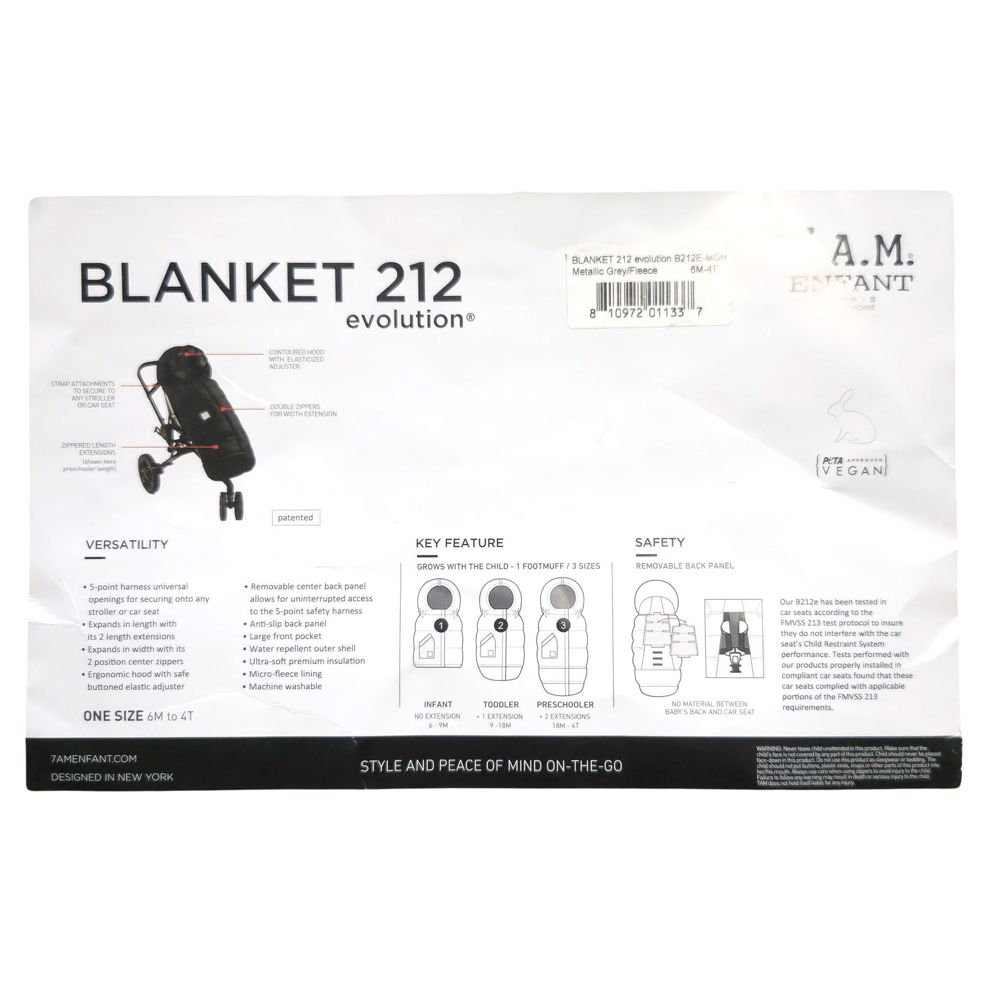 A metallic grey 7AM Enfant stroller blanket packaging back