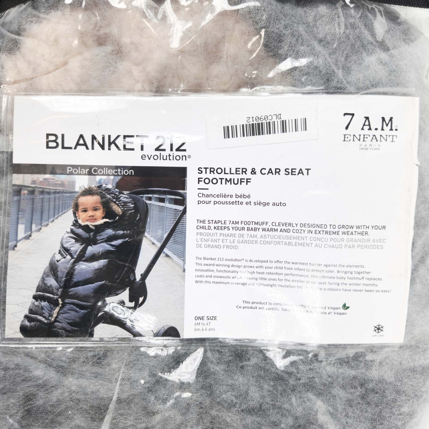 7AM Enfant Blanket 212 Evolution Black Polar footmuff with fleece lining packaging