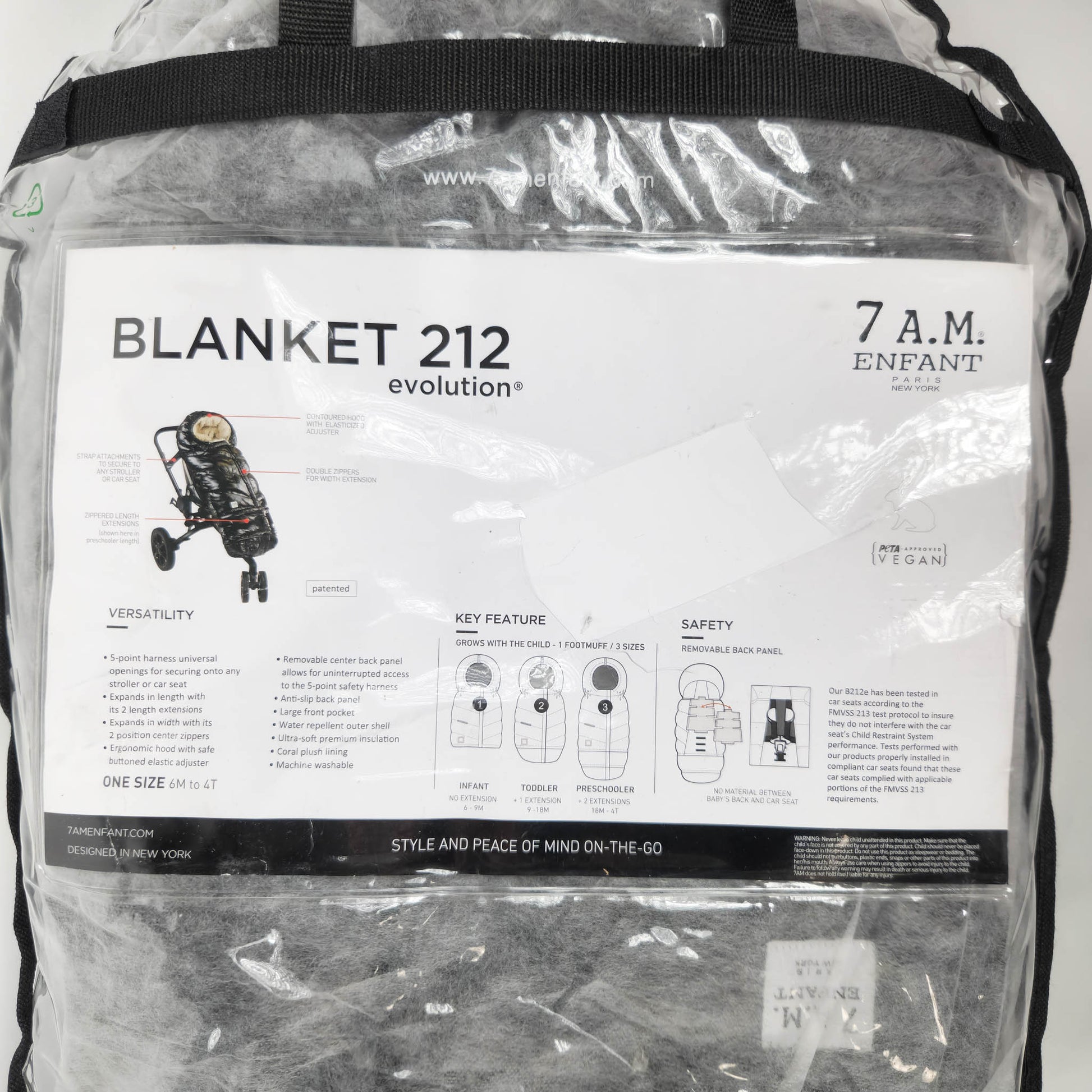 7AM Enfant Blanket 212 Evolution Black Polar footmuff with fleece lining packaging