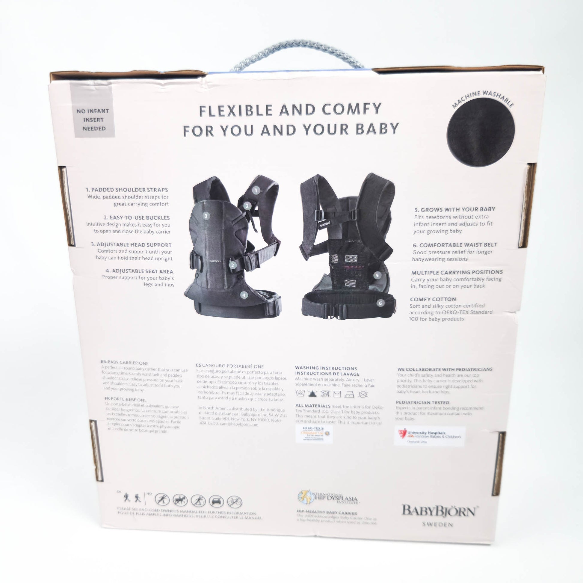 Packaging box for BABYBJÖRN Baby Carrier One in Black Cotton back side