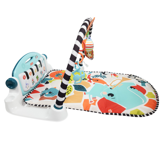 Fisher-Price Glow and Grow Kick & Play Piano Gym playmat with a blue piano gym and interactive toys on a colorful background.