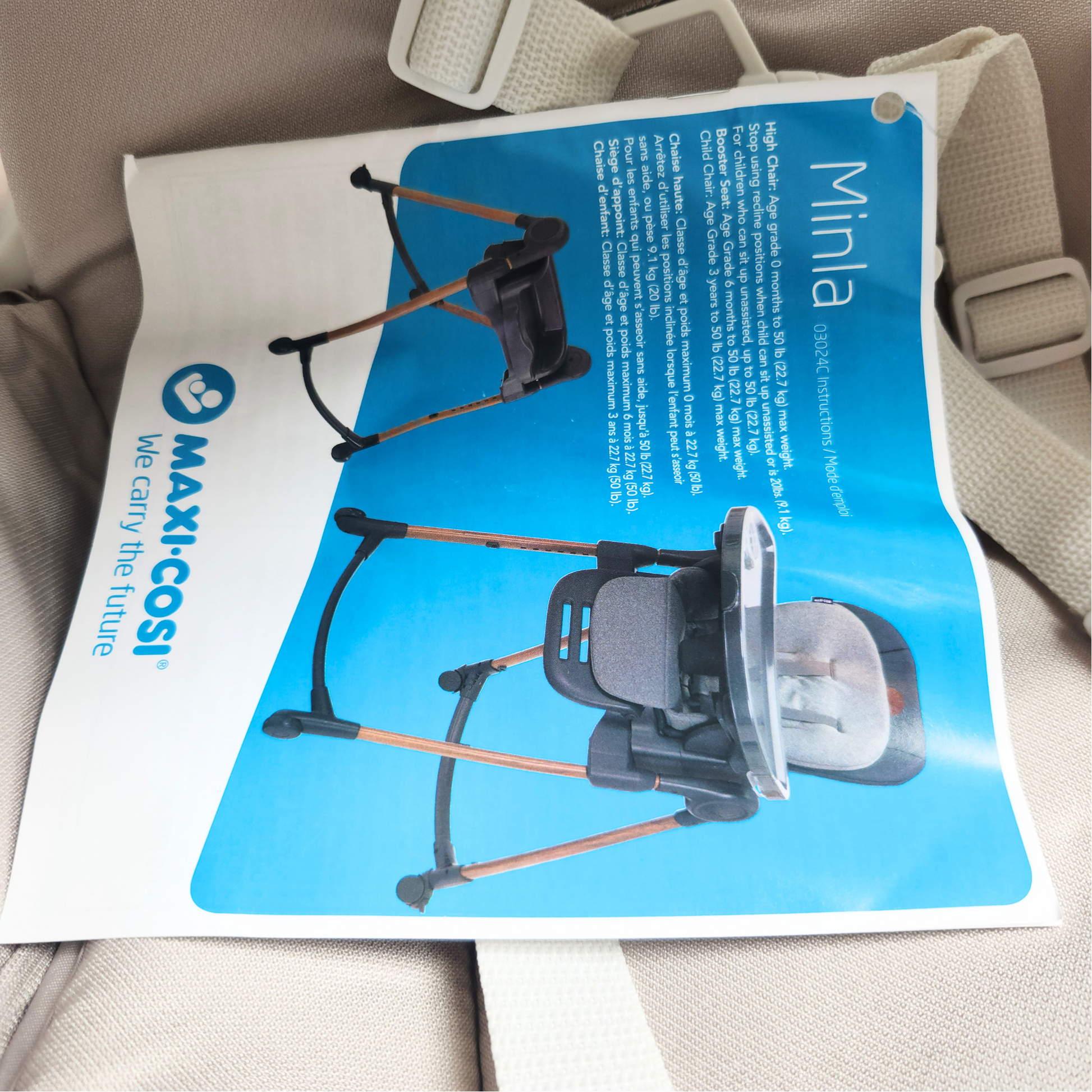 Maxi Cosi Minla high chair Horizon Sand showing manual