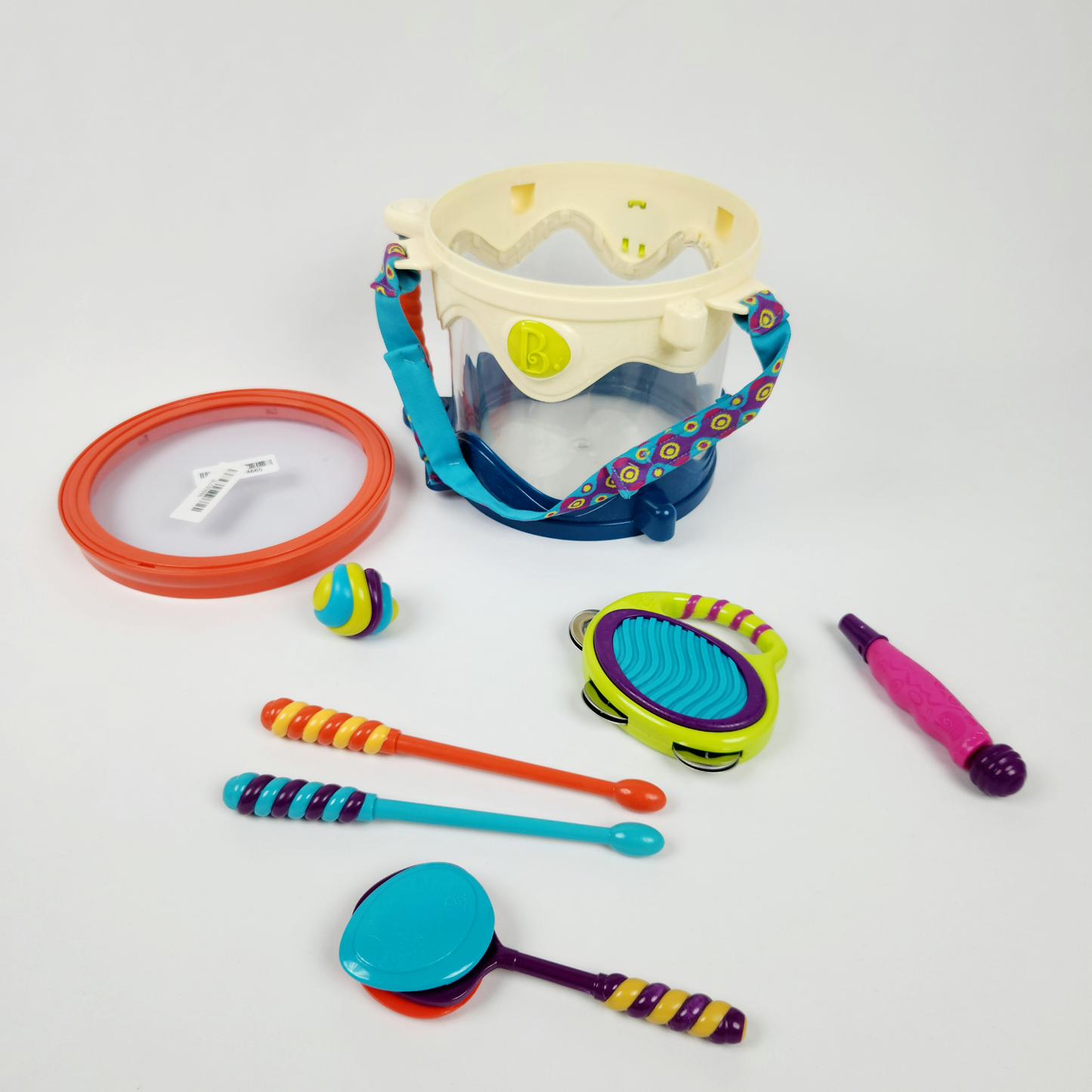 B Toys musical toy drum kit with instruments showing drum, strap and included instruments