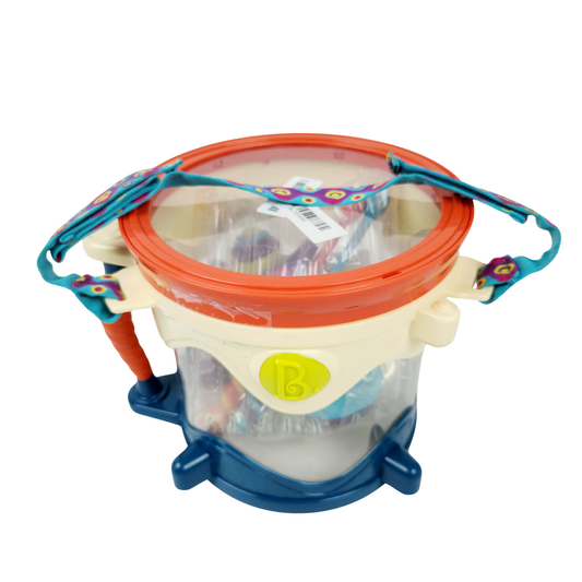 B Toys musical toy drum kit with instruments top and front view showing drum, strap and included instruments inside