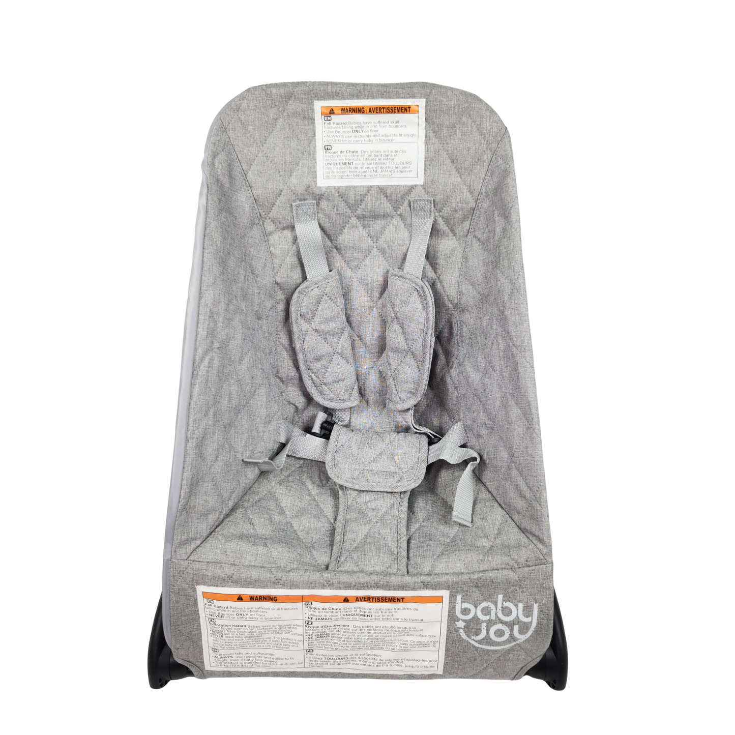 Babyjoy foldable baby bouncer stationary seat grey front view showing harness