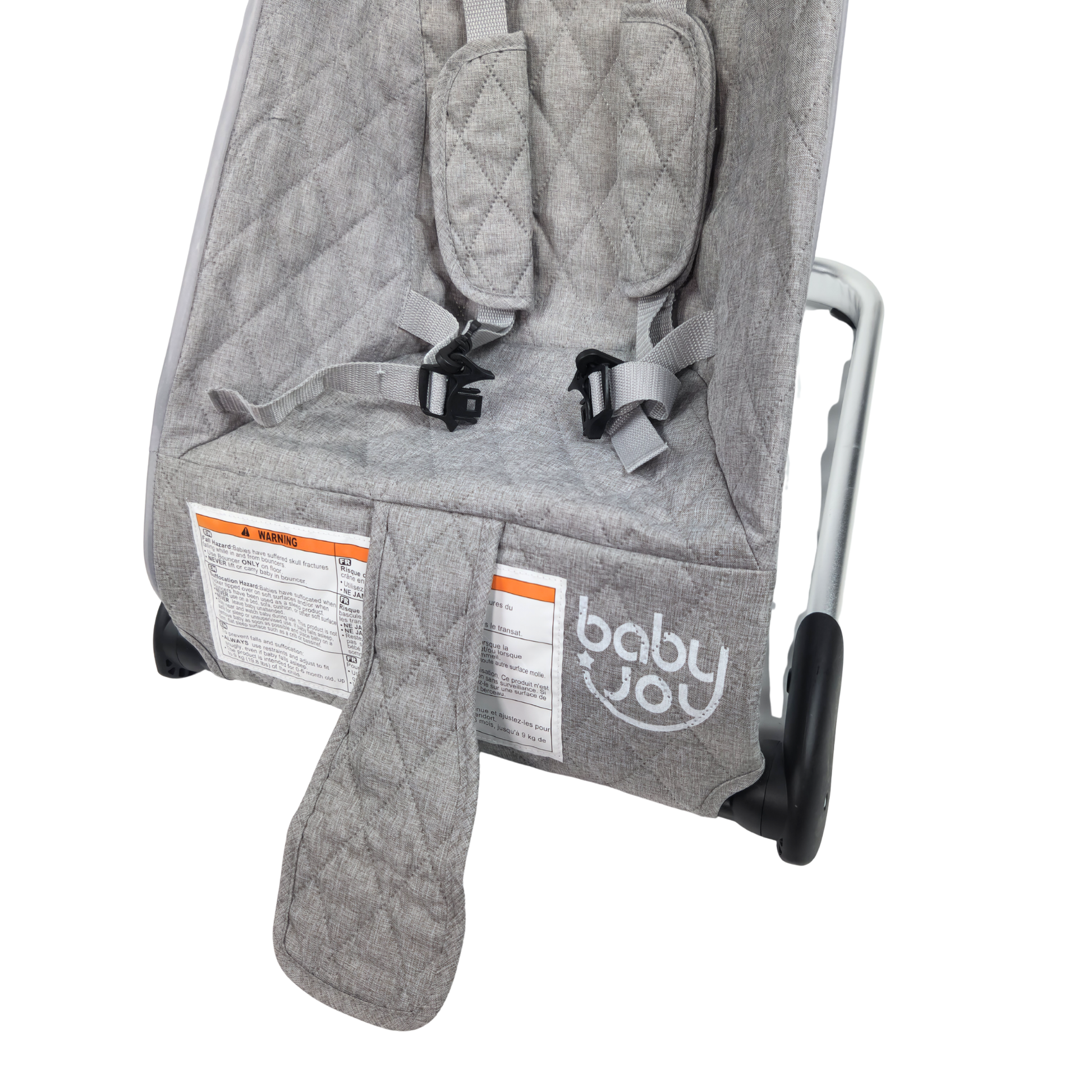 Babyjoy foldable baby bouncer stationary seat grey showing harness and metal frame