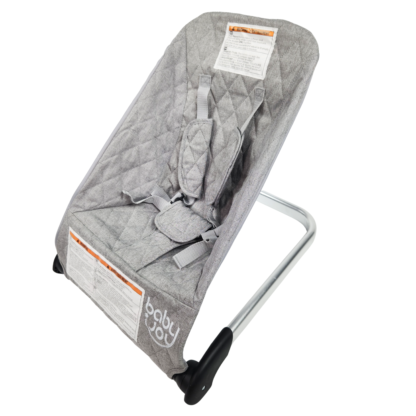 Babyjoy foldable baby bouncer stationary seat grey angled view showing harness and metal frame