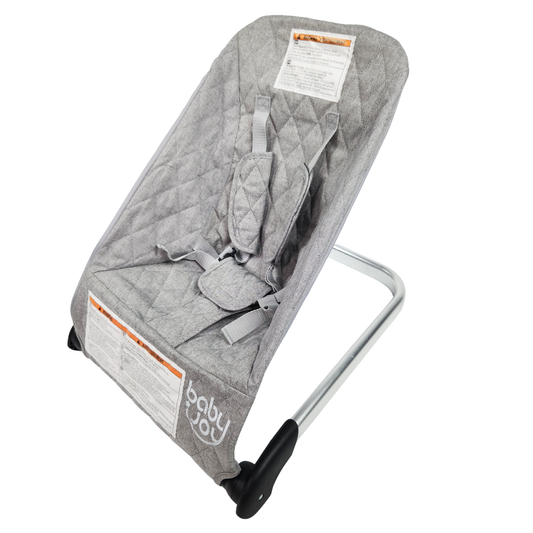 Babyjoy foldable baby bouncer stationary seat grey angled view showing harness and metal frame
