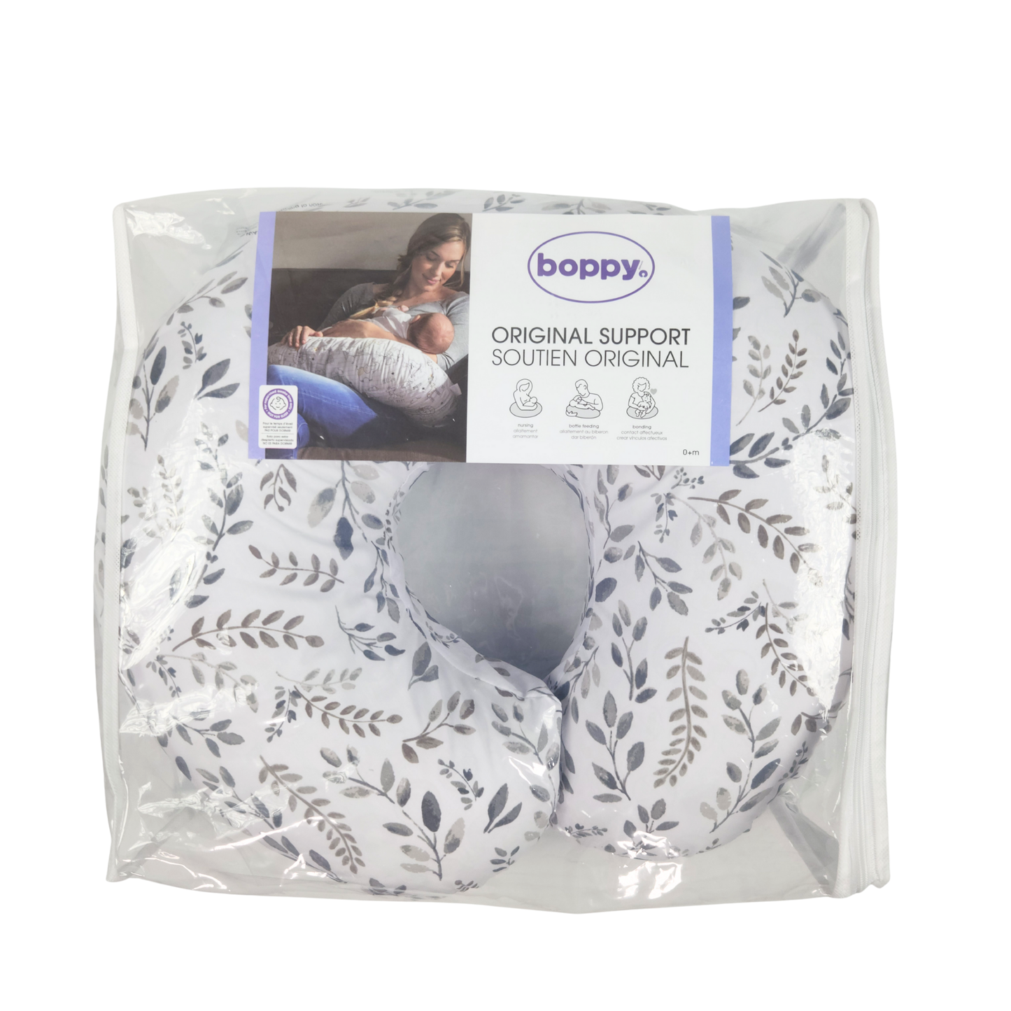 Boppy Original Nursing Pillow gray taupe leaves breastfeeding support pillow inside packaging