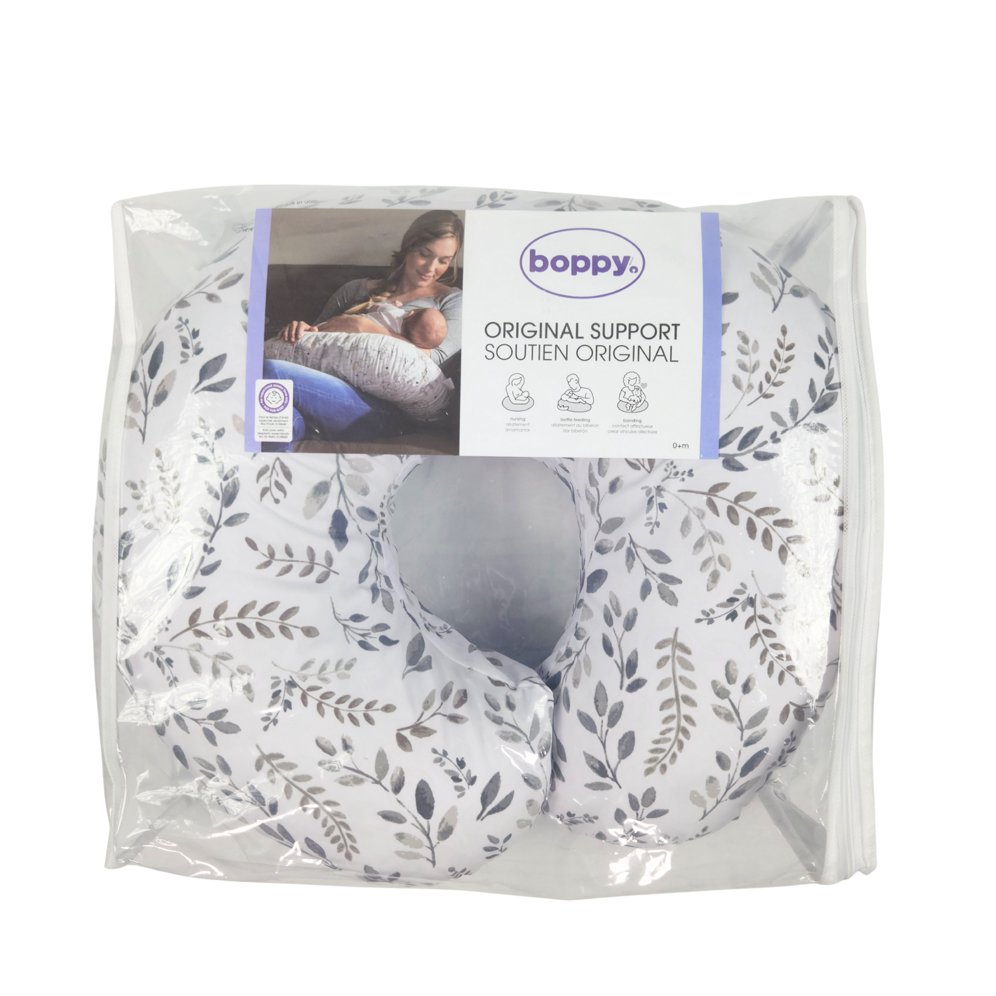 Boppy Original Nursing Pillow gray taupe leaves breastfeeding support pillow inside packaging