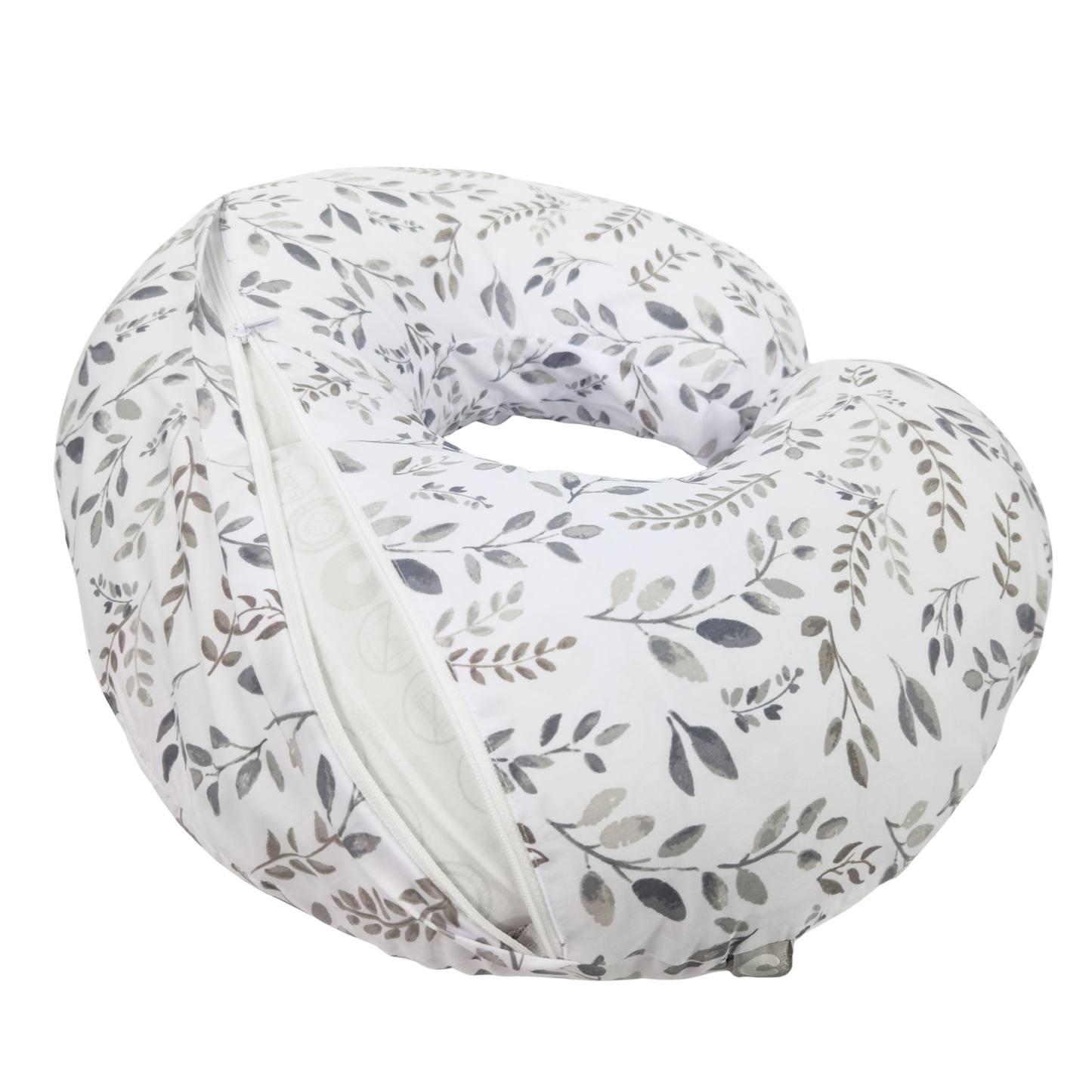 Boppy Original Nursing Pillow gray taupe leaves breastfeeding support pillow backside showing zipper