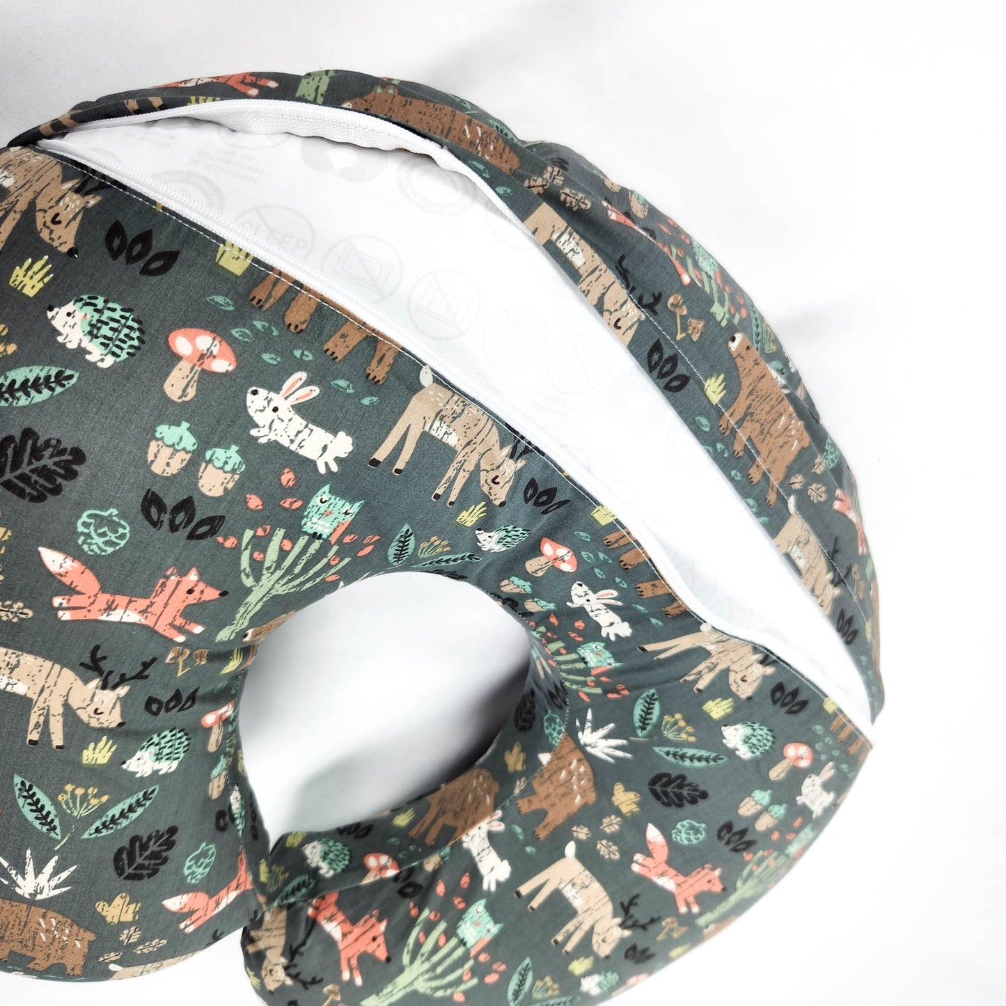 Boppy Original Nursing Pillow green forest animals breastfeeding support pillow back side with open zipper