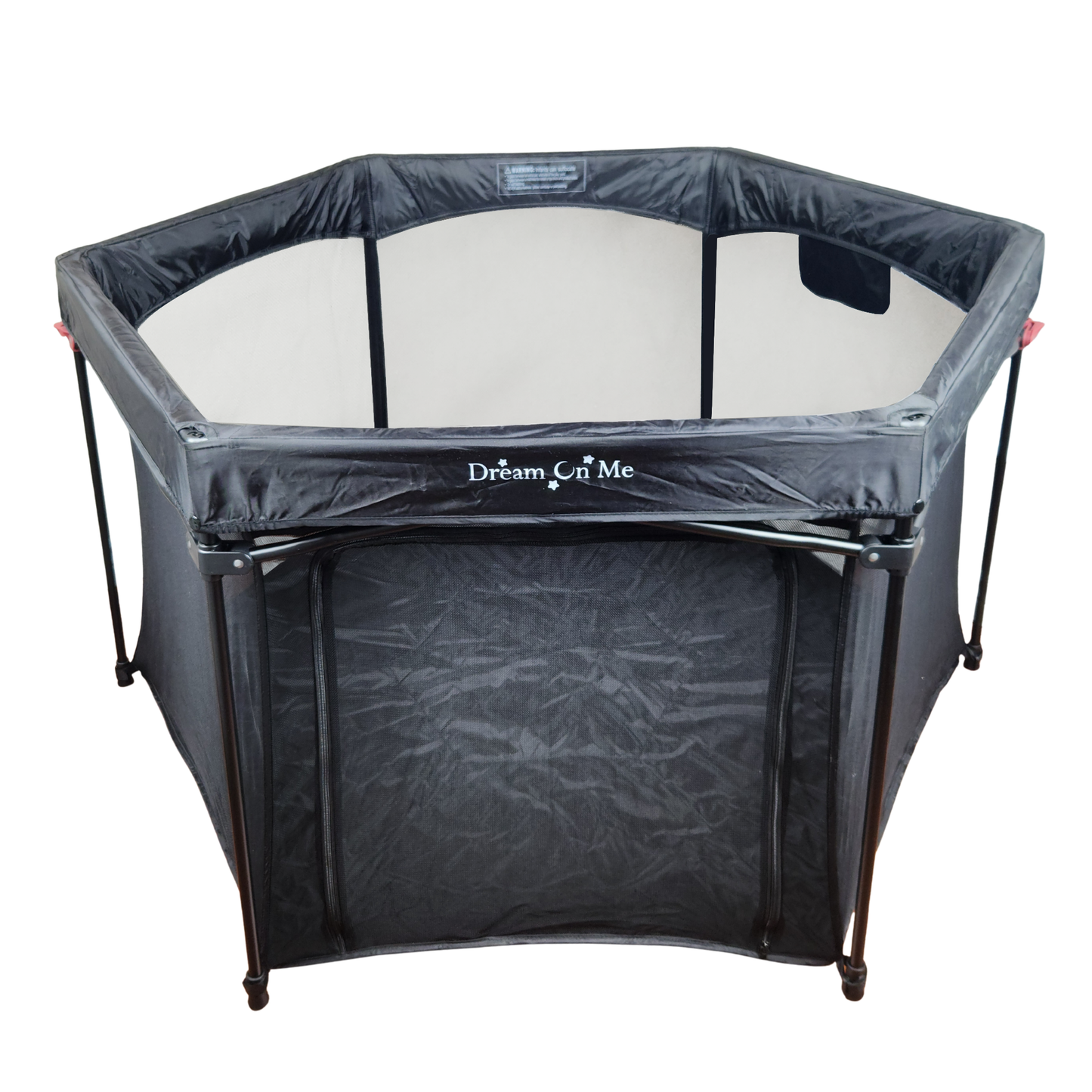 Dream On Me Onyx playpen black front view showing mesh sides and zippered door panel