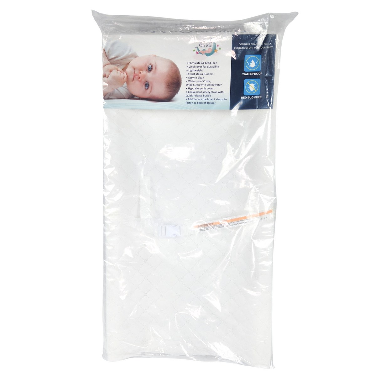 Dream On Me two sided contour changing pad in packaging showing waterproof pad and safety strap front view