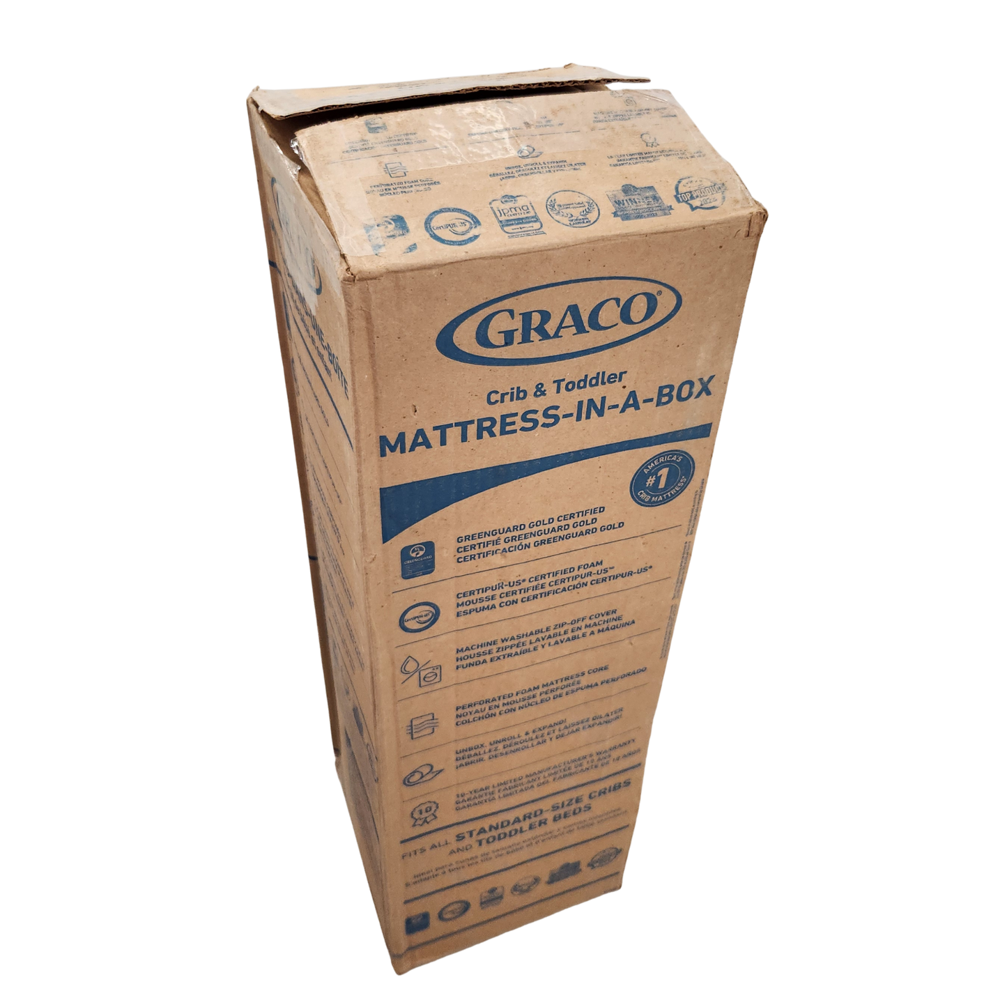 Graco Crib and Toddler Mattress-In-A-Box showing its shipping box