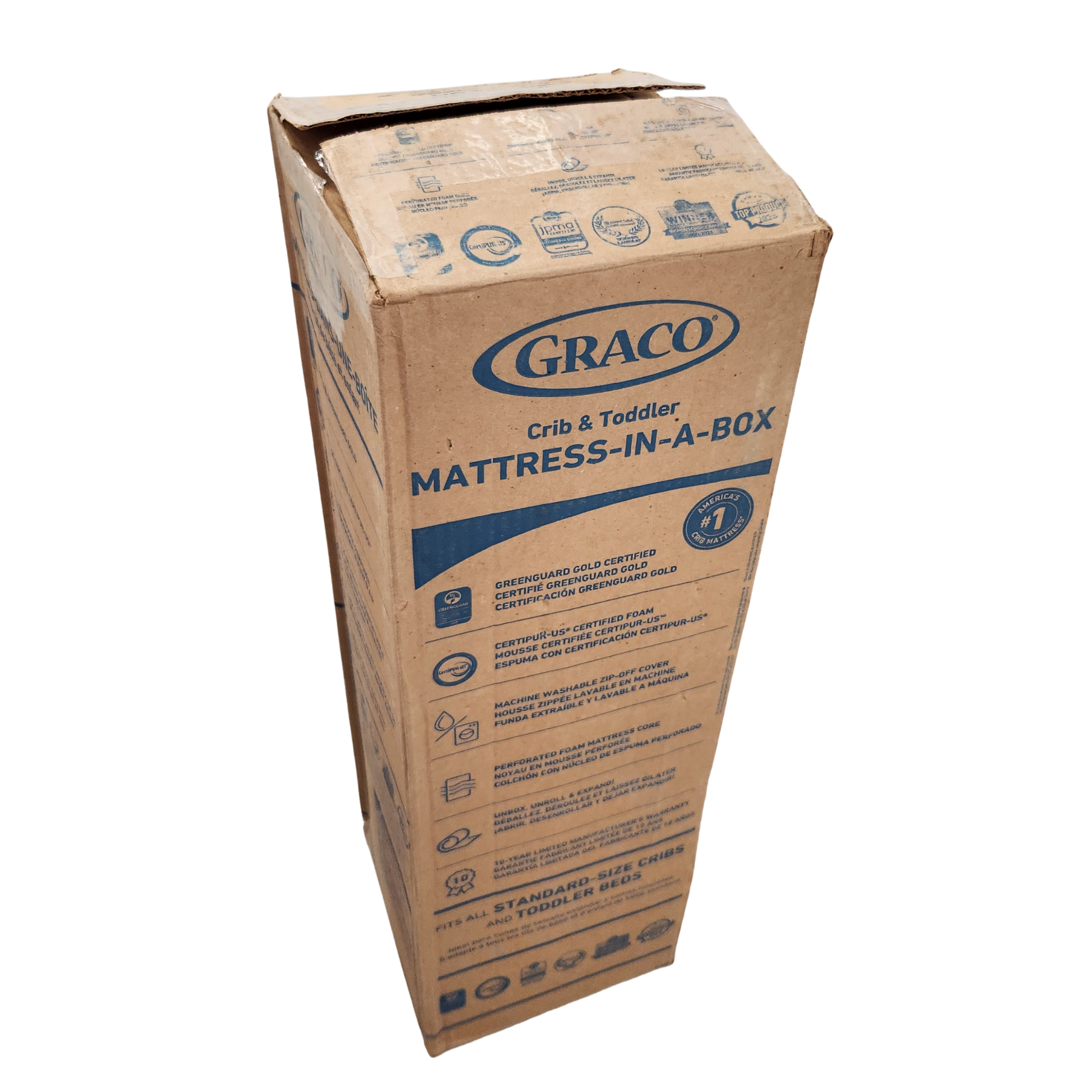 Graco Crib and Toddler Mattress-In-A-Box showing its shipping box