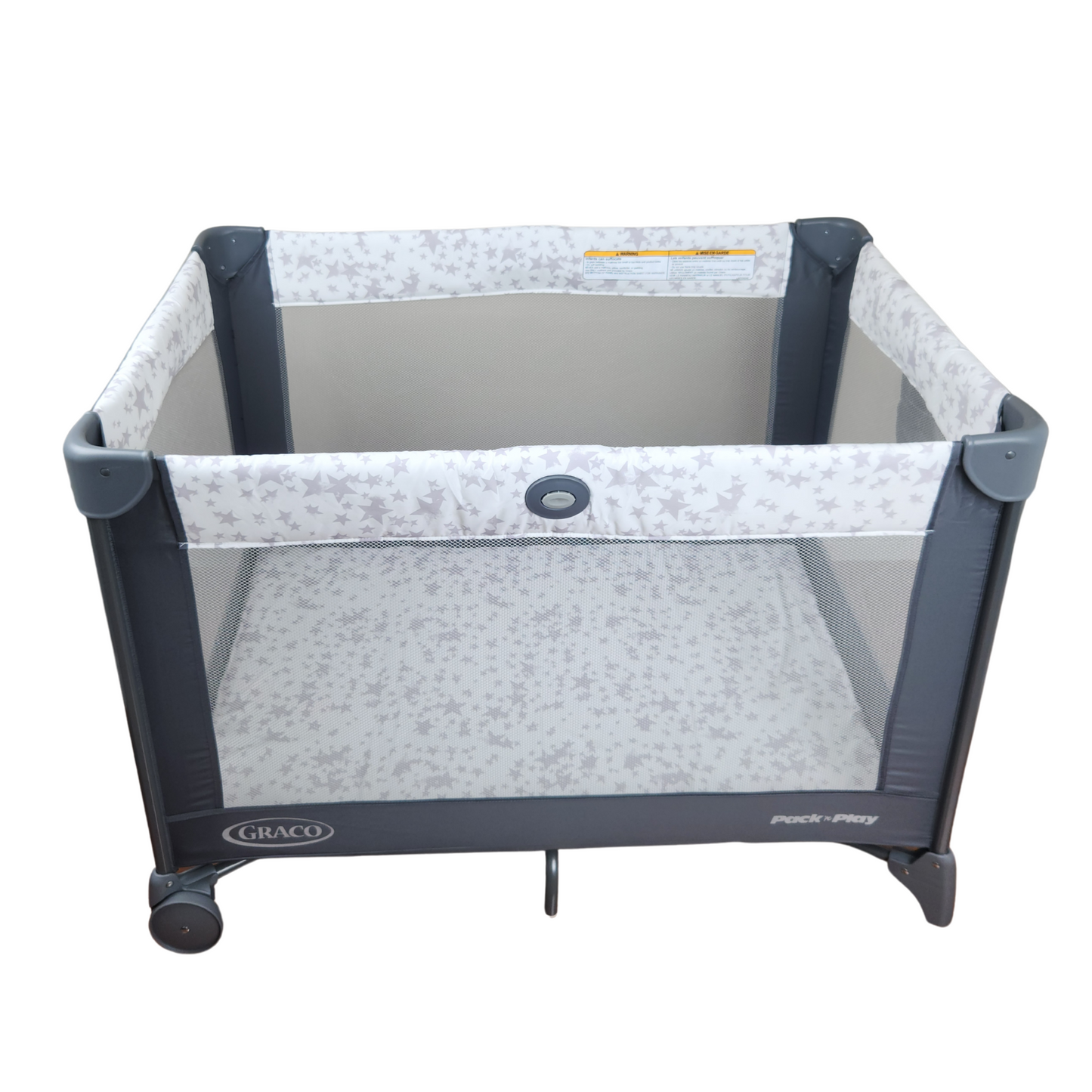 Graco Pack n Play playard Oskar front view showing mesh sides and mattress pad
