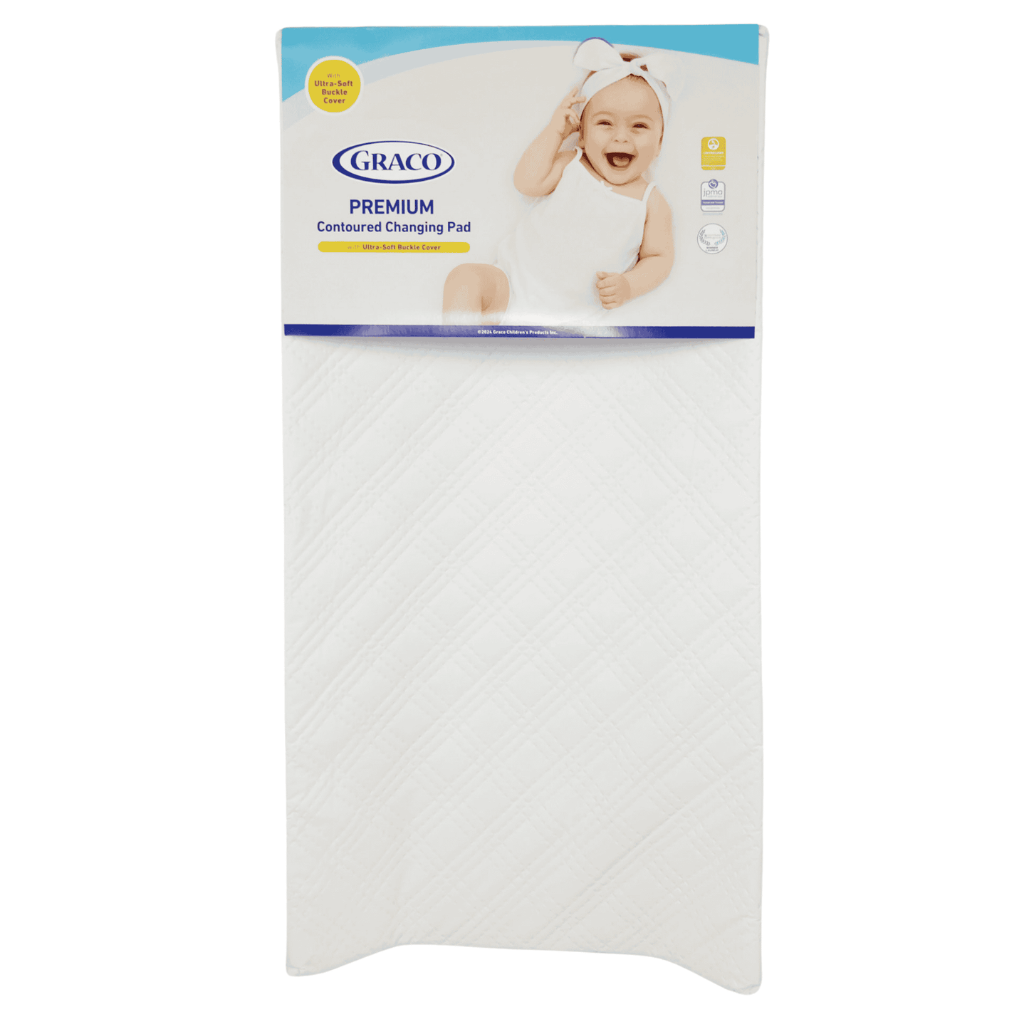 Graco Premium Contoured Changing Pad in white, with a visible blue and white packaging showing the product name and a baby image.