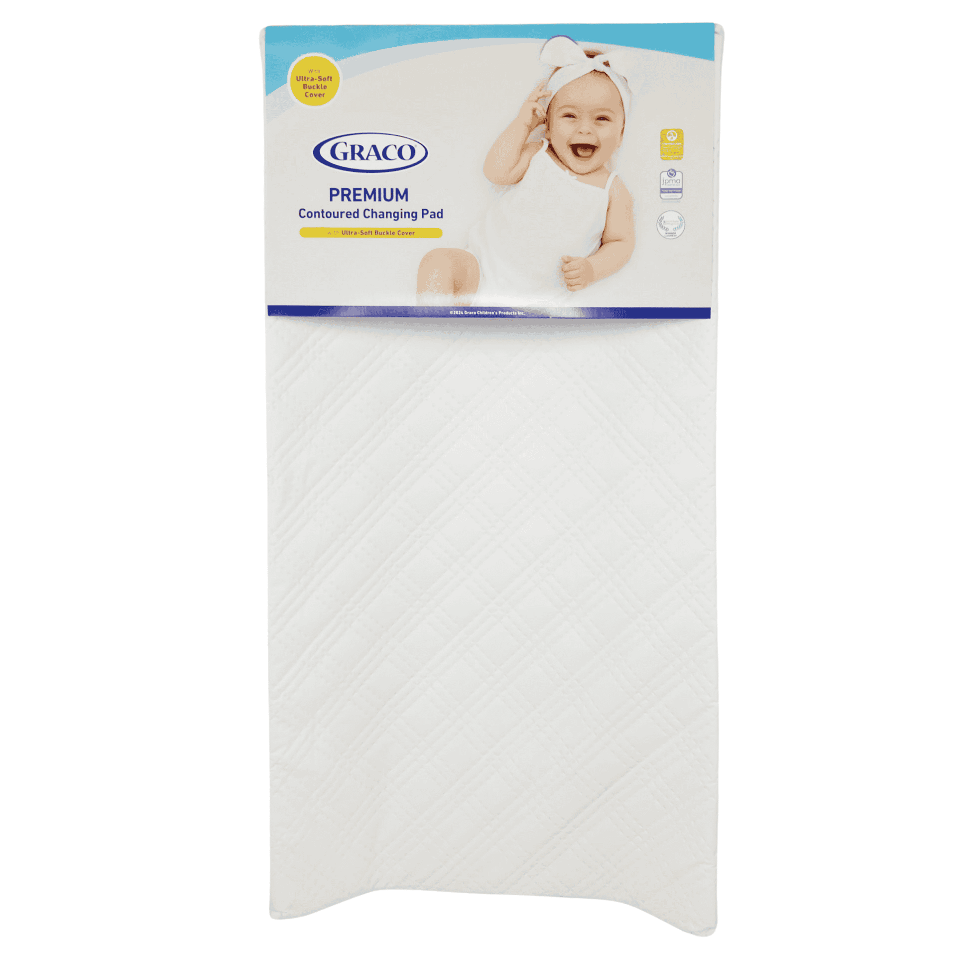 Graco Premium Contoured Changing Pad in white, with a visible blue and white packaging showing the product name and a baby image.