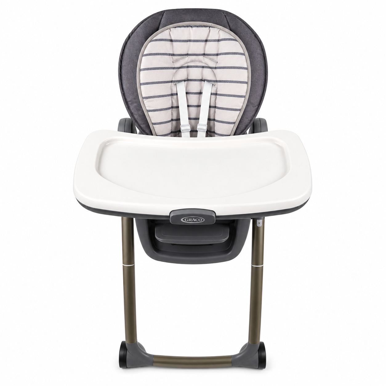 Graco Table2Table Premier Fold 7-in-1 highchair in Maison, front view with tray and padded seat