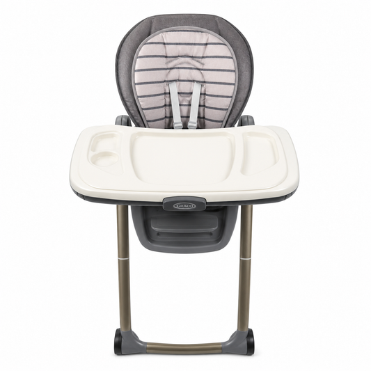 Graco Table2Table Premier Fold 7-in-1 highchair in Maison, front view with tray and padded seat