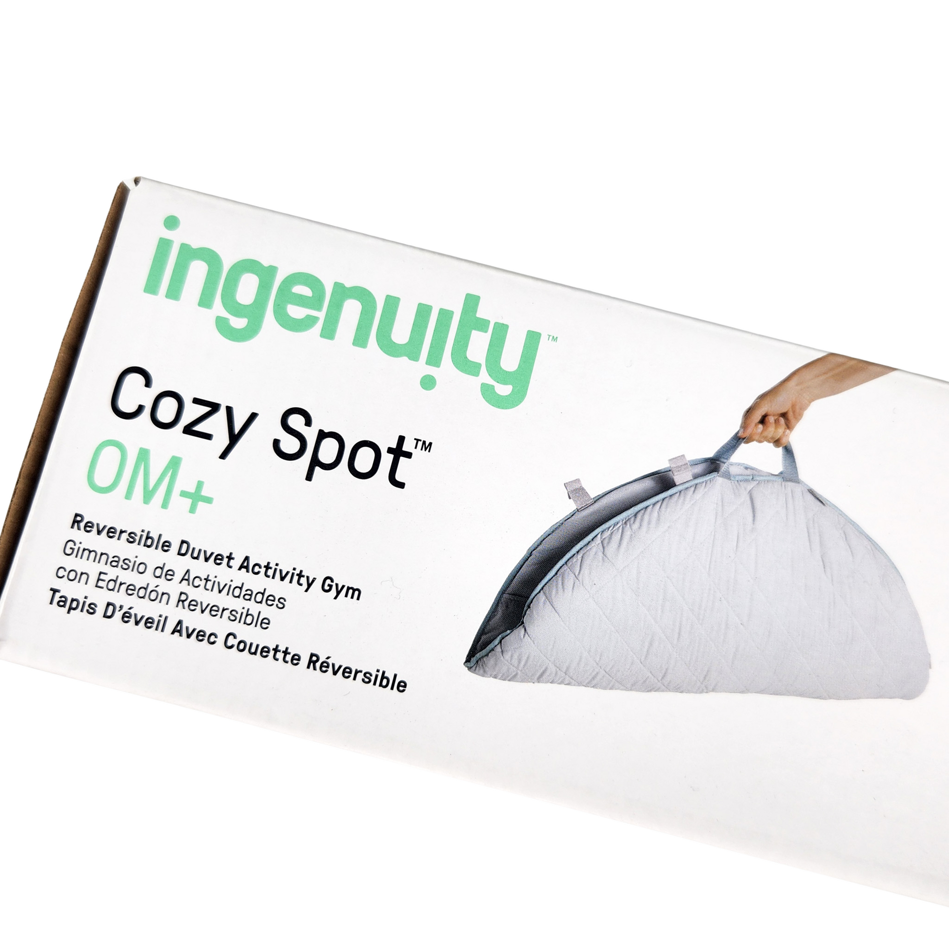 Ingenuity Cozy Spot reversible duvet activity gym in box side