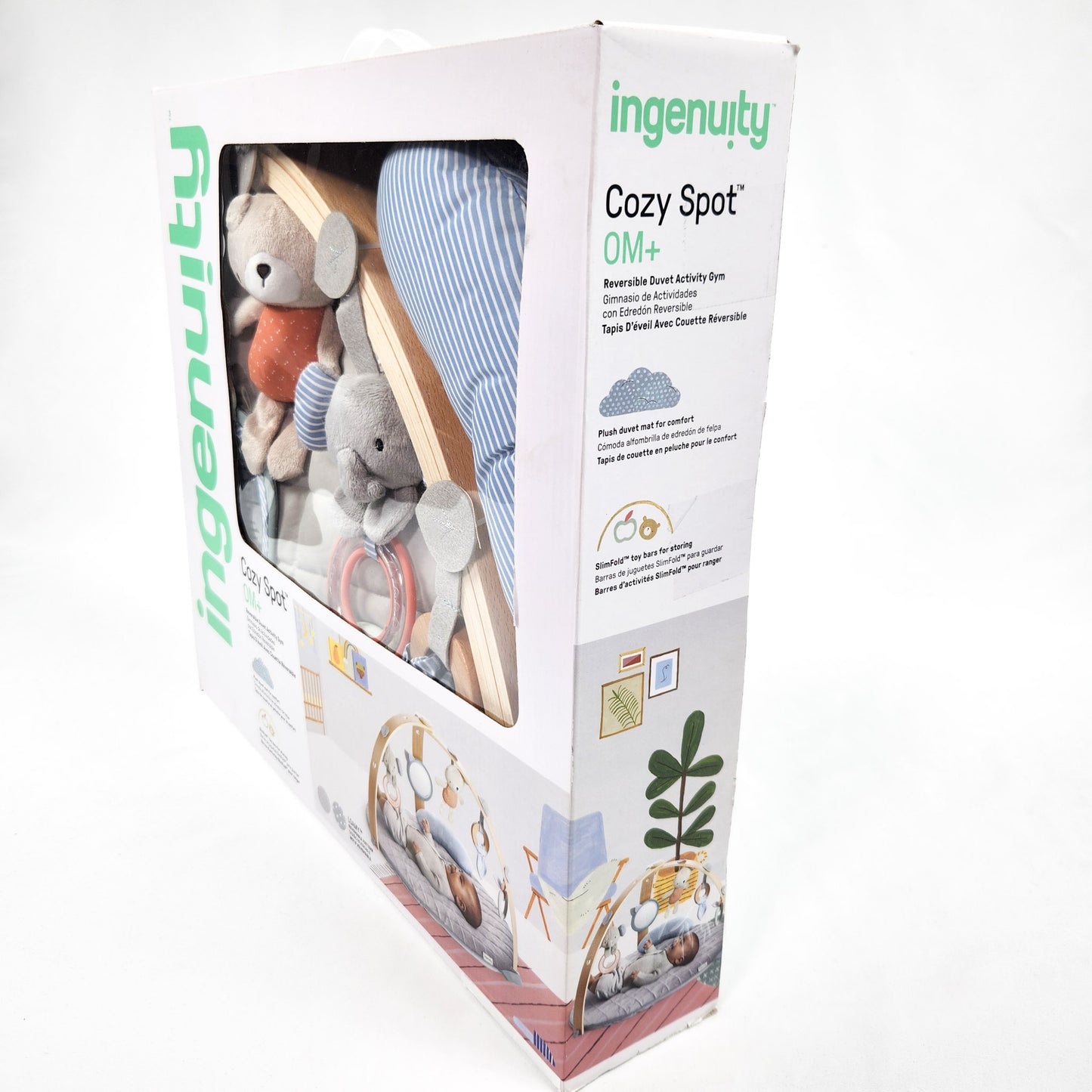 Ingenuity Cozy Spot reversible duvet activity gym in box showing play mat and hanging toys