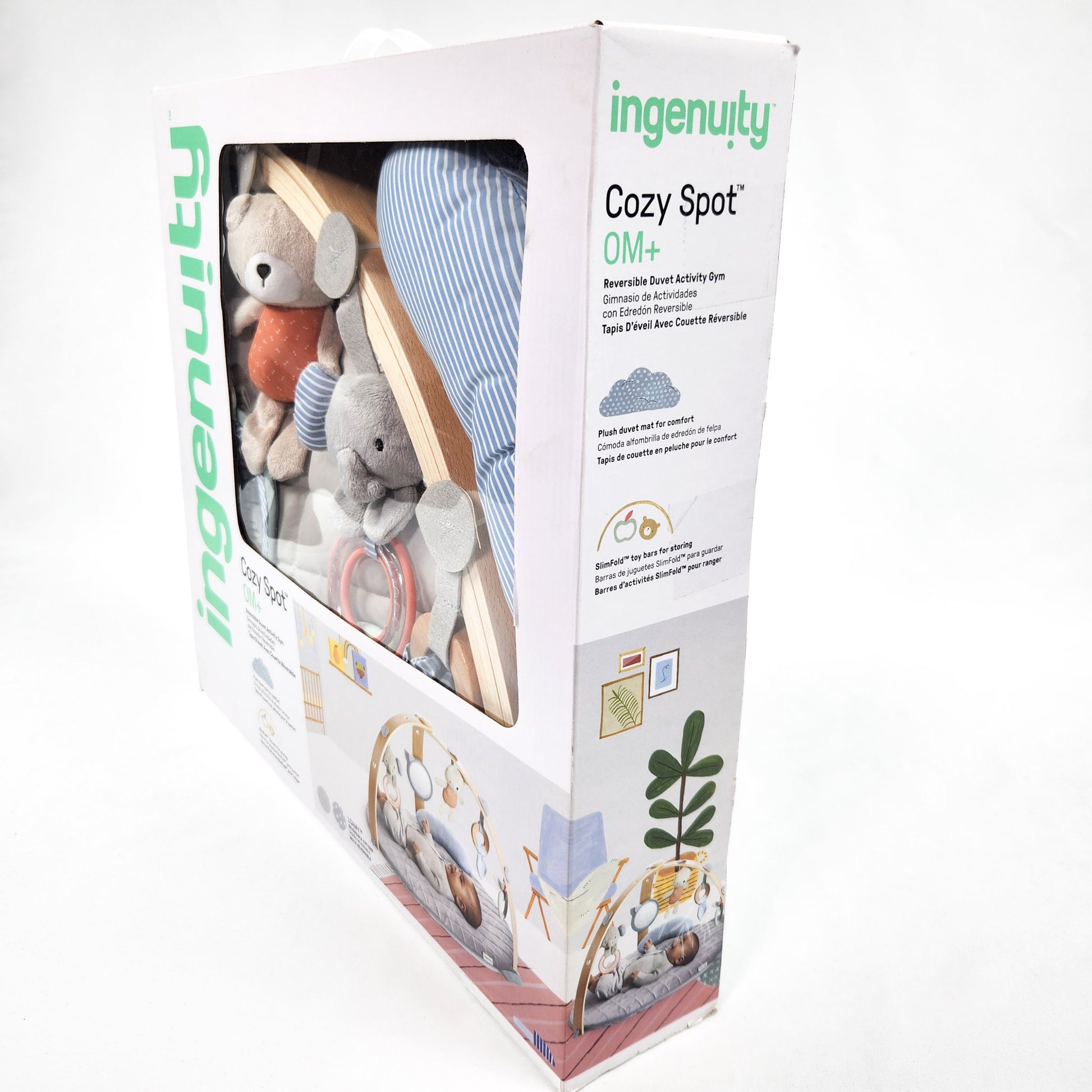 Ingenuity Cozy Spot reversible duvet activity gym in box showing play mat and hanging toys
