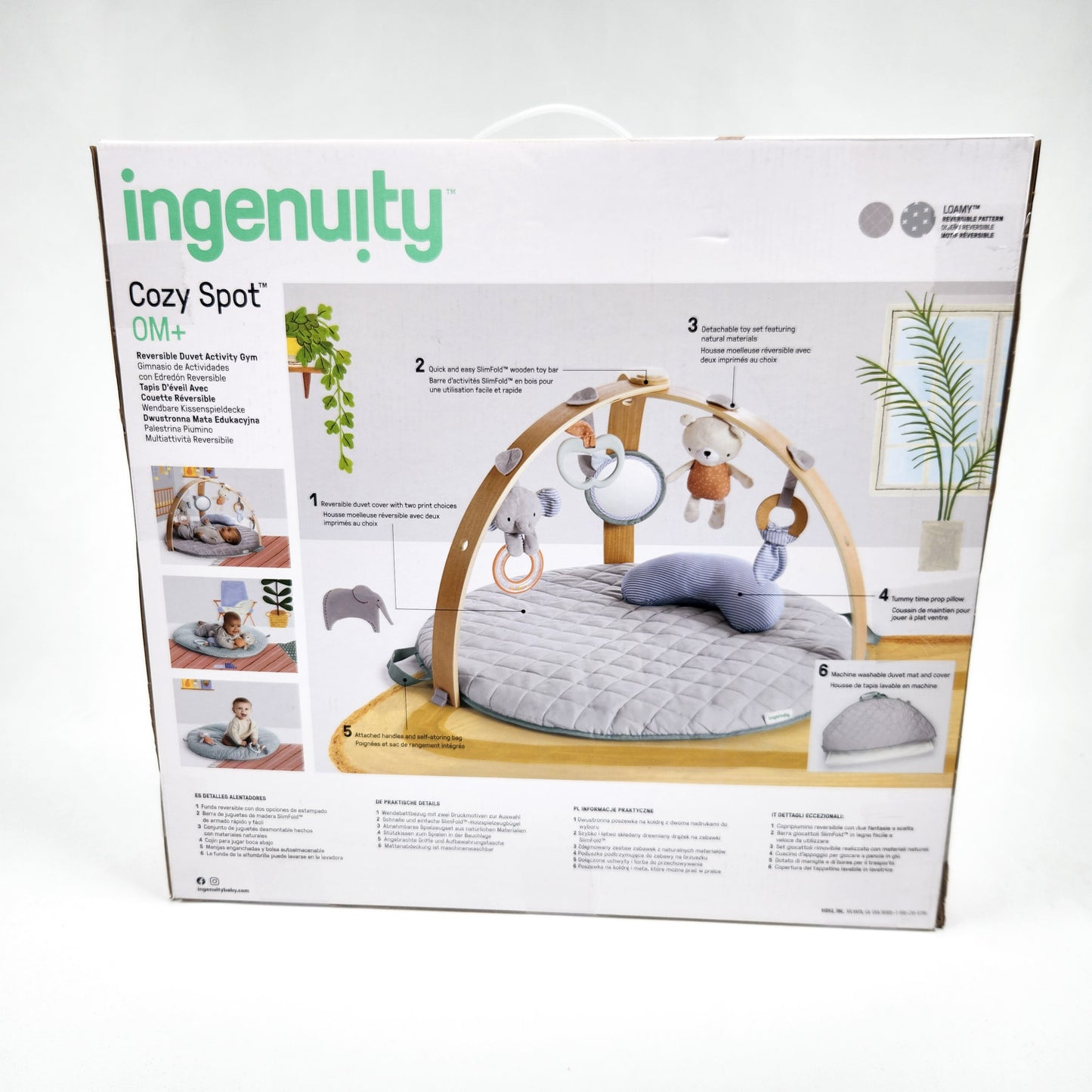 Ingenuity Cozy Spot reversible duvet activity gym in box back side of packaging box