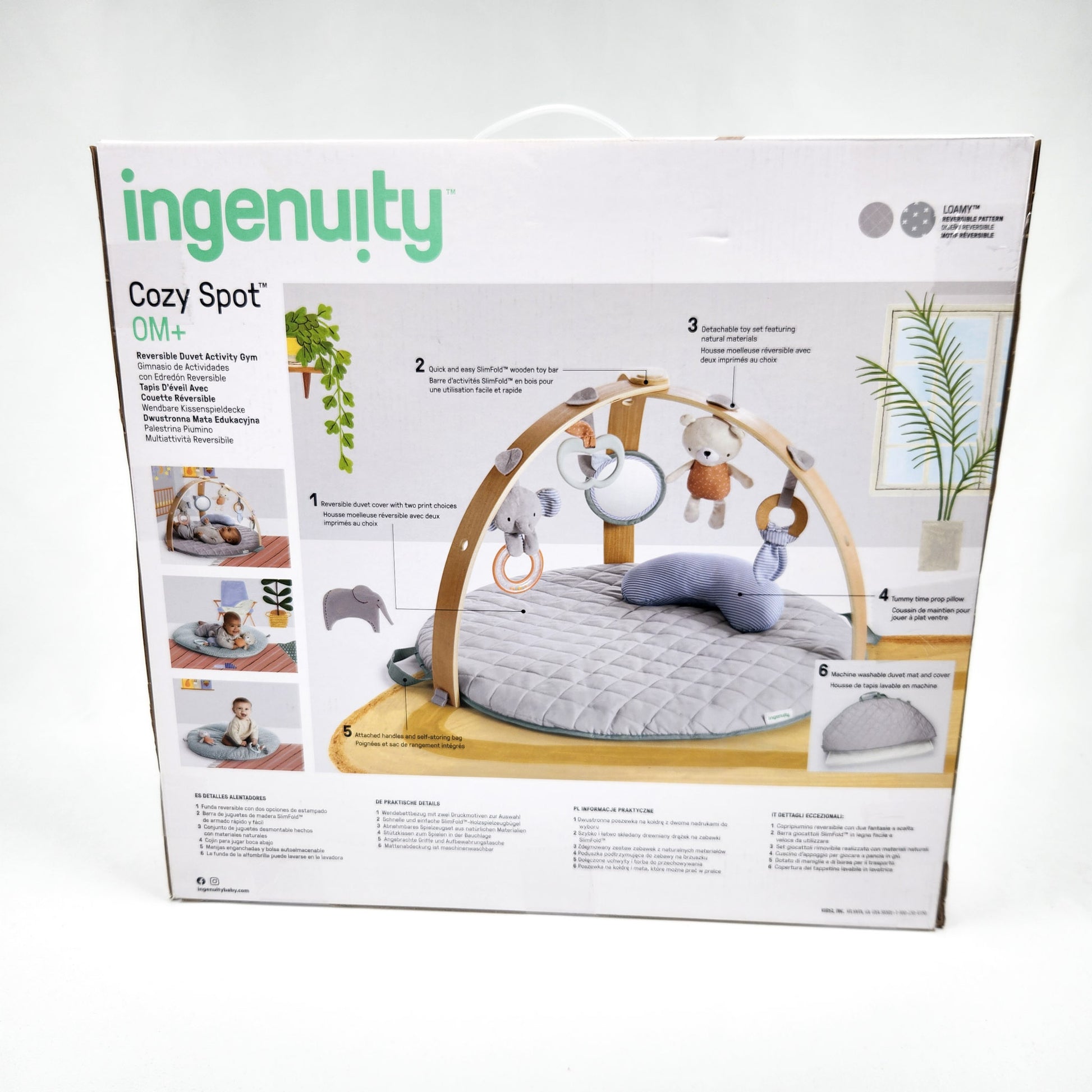 Ingenuity Cozy Spot reversible duvet activity gym in box back side of packaging box