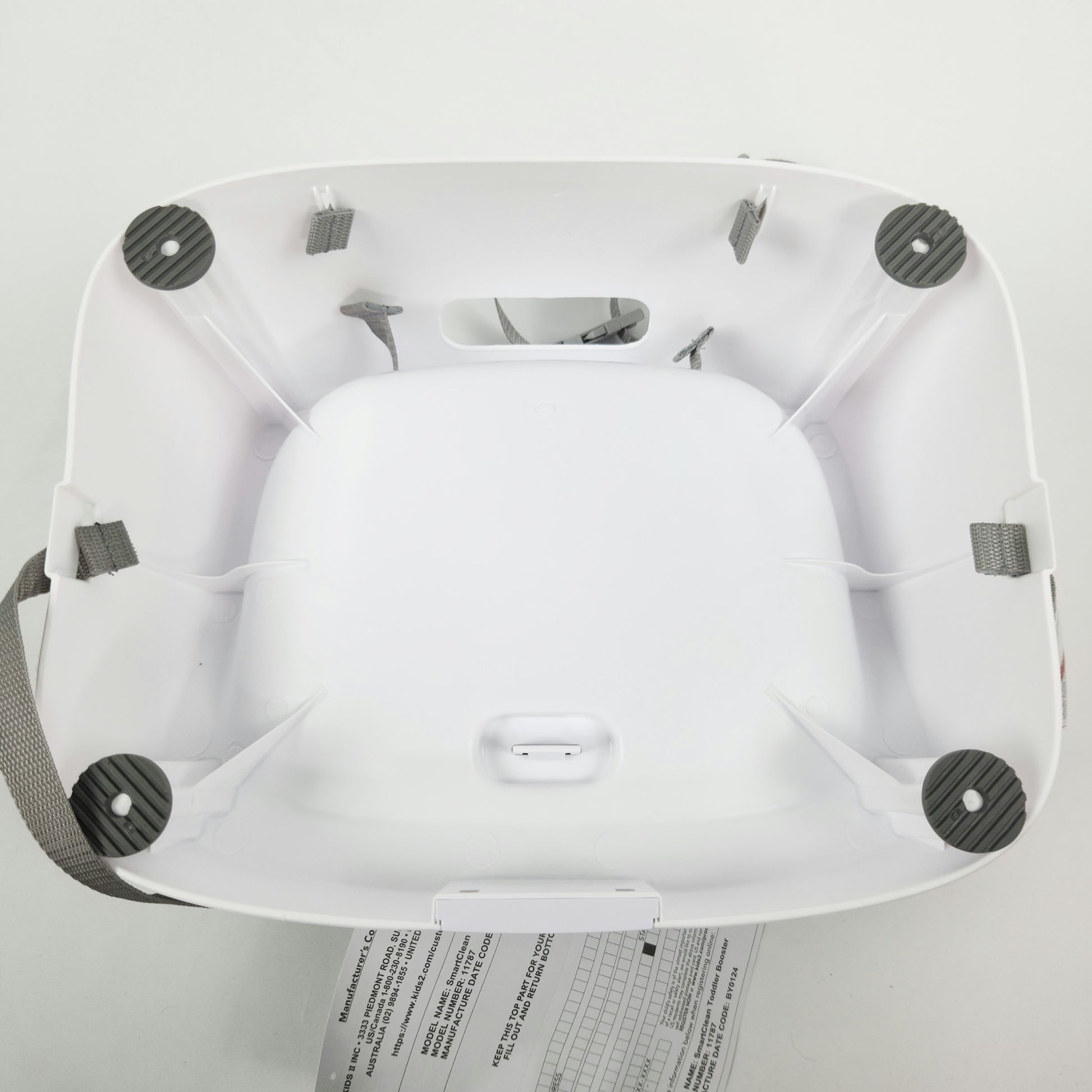 Ingenuity SmartClean toddler booster seat slate showing seat base and adjustable safety harness bottom view