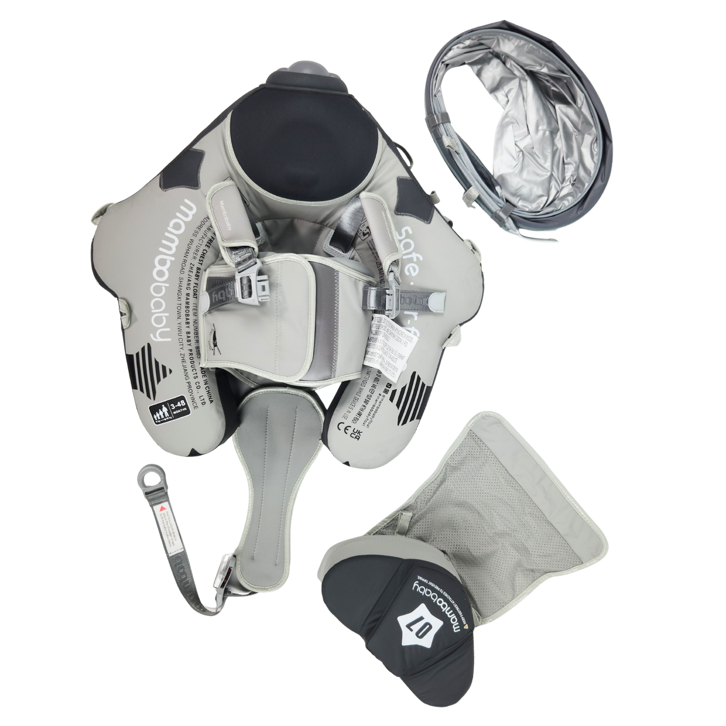 Mambobaby baby swim float with canopy airplane grey showing all parts and accessories