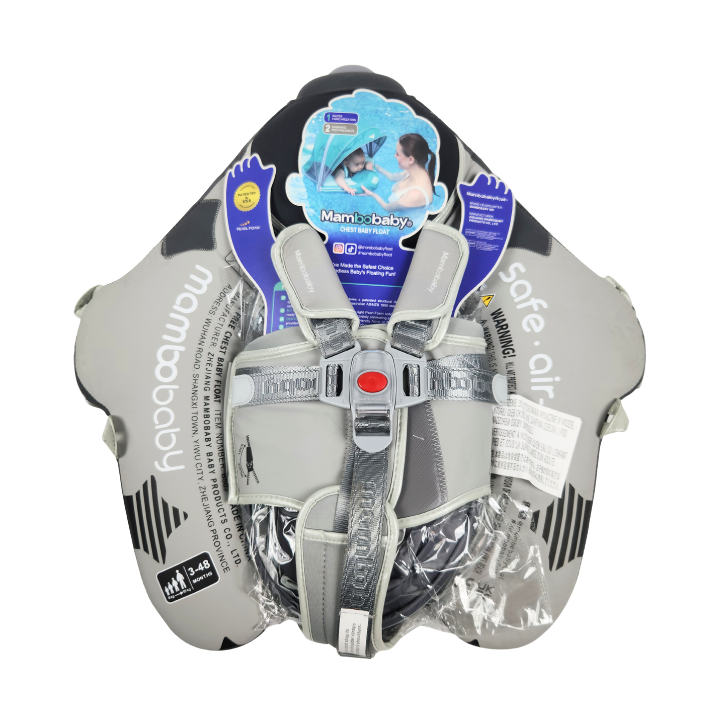 Mambobaby baby swim float with canopy airplane grey overhead view showing safety harness