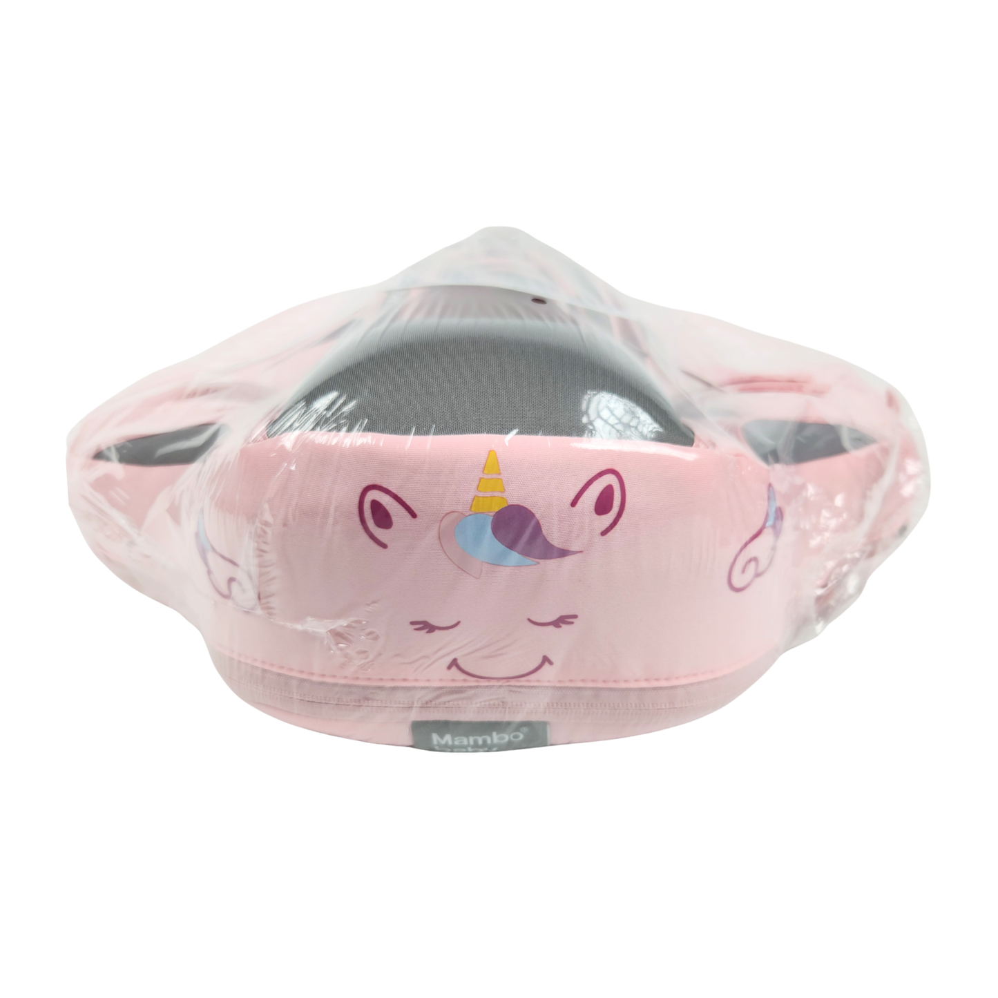 Pink baby float with gray straps and Mambobaby branding packaging on it sealed front view
