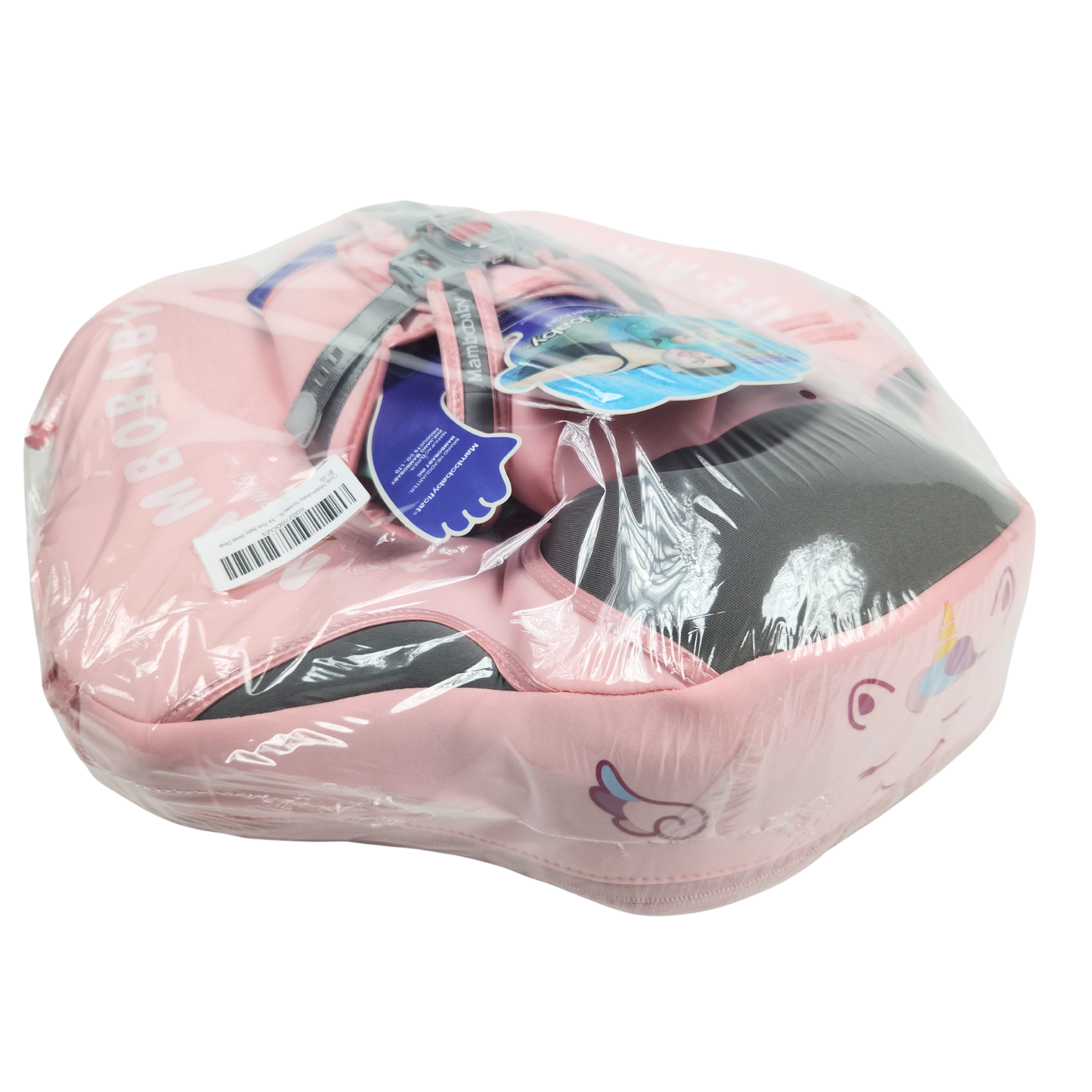 Pink baby float with gray straps and Mambobaby branding packaging on it sealed