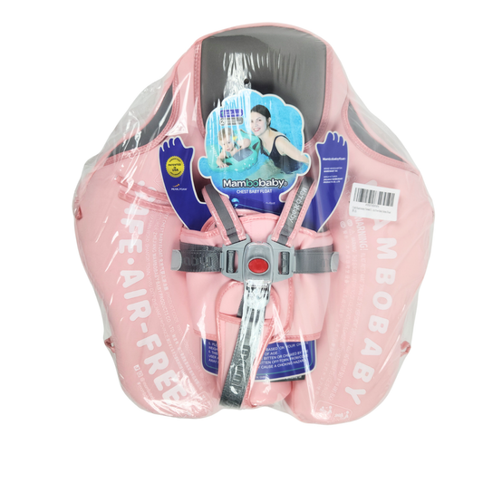 Pink baby float with gray straps and Mambobaby branding packaging on it sealed top view