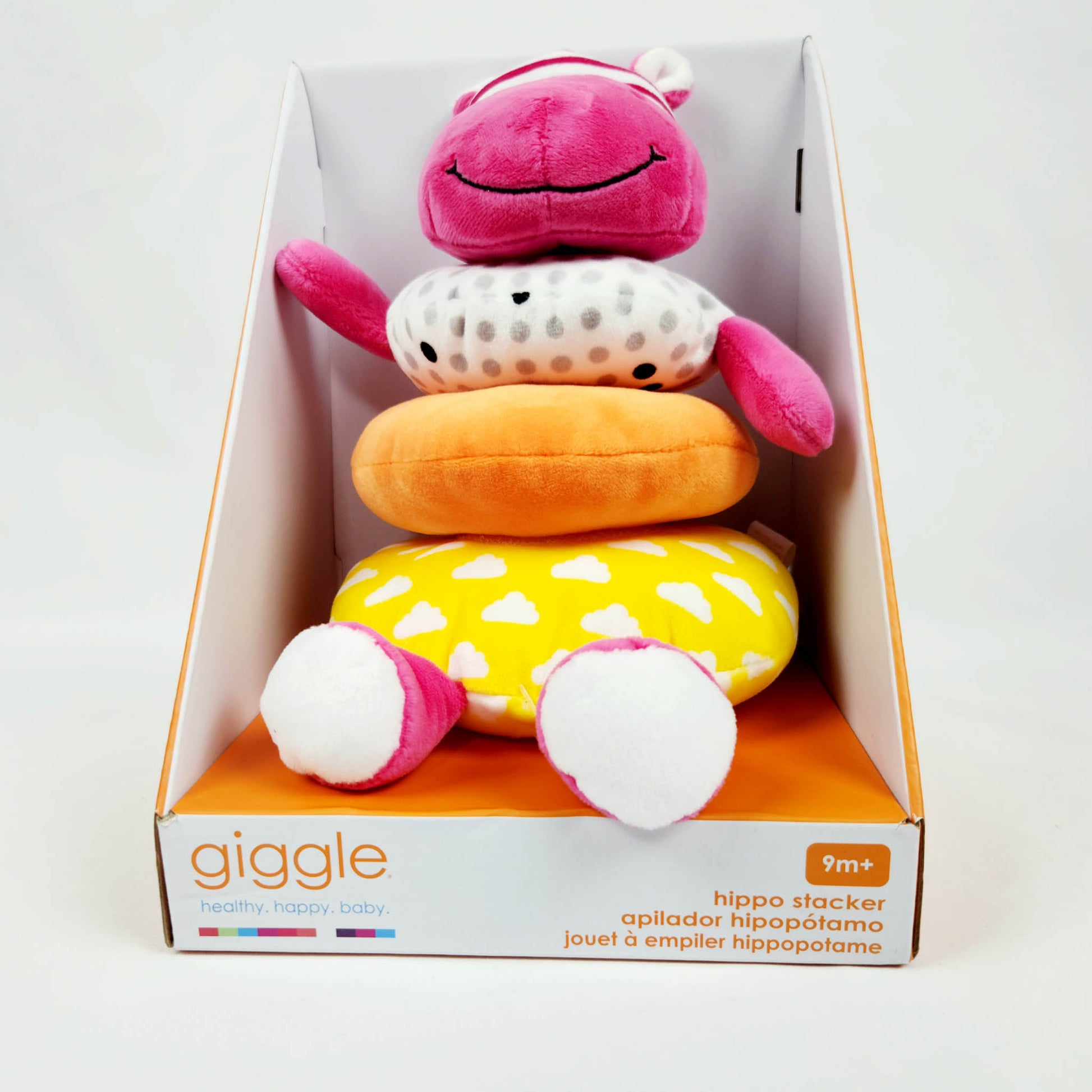 Giggle soft stacker baby toy pink hippo plush with colorful stacking rings in packaging