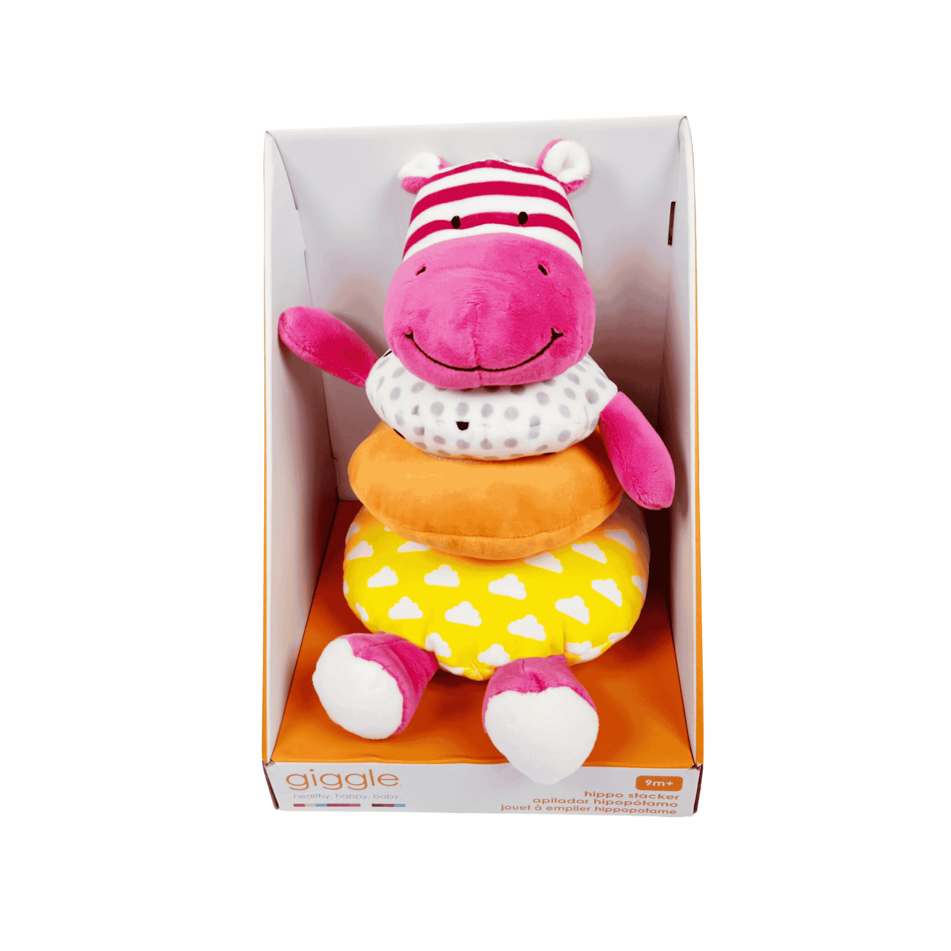 Giggle soft stacker baby toy pink hippo plush with colorful stacking rings in packaging