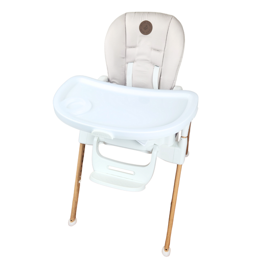 Maxi Cosi Minla high chair Horizon Sand showing tray, seat cushion and wooden legs front view