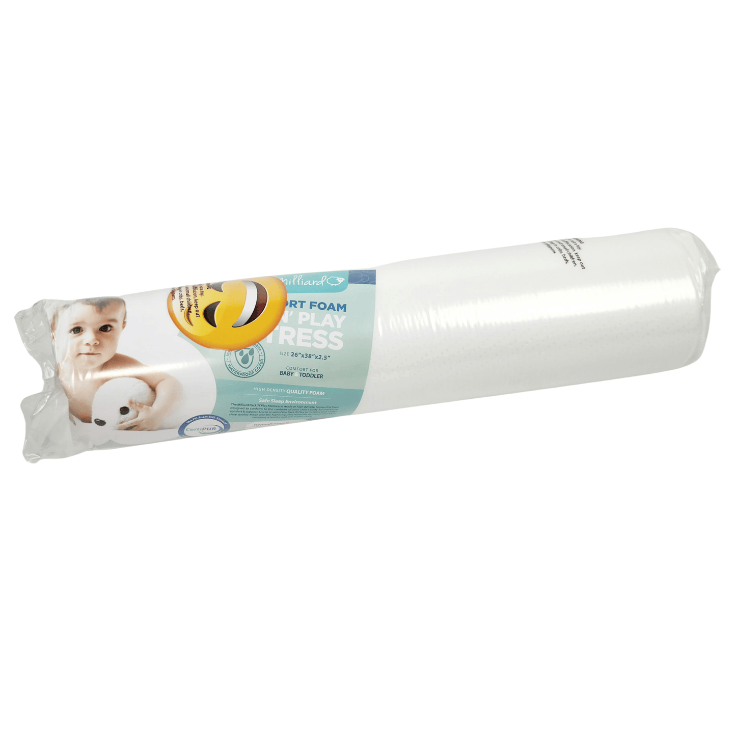 Milliard pack and play foam mattress topper rolled and sealed in packaging