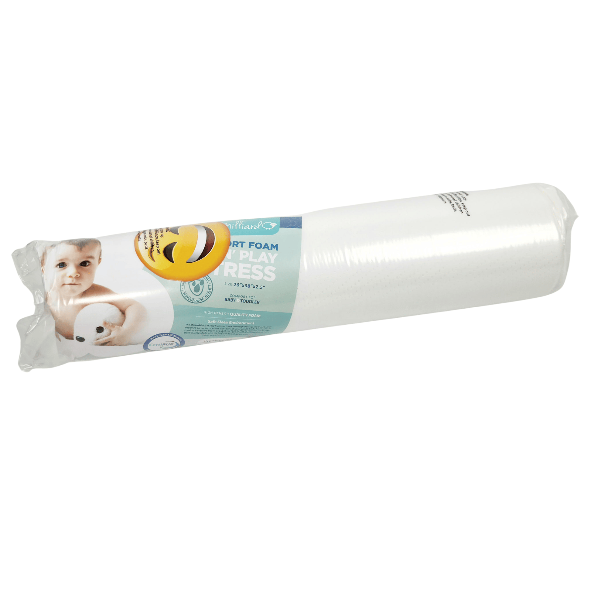 Milliard pack and play foam mattress topper rolled and sealed in packaging