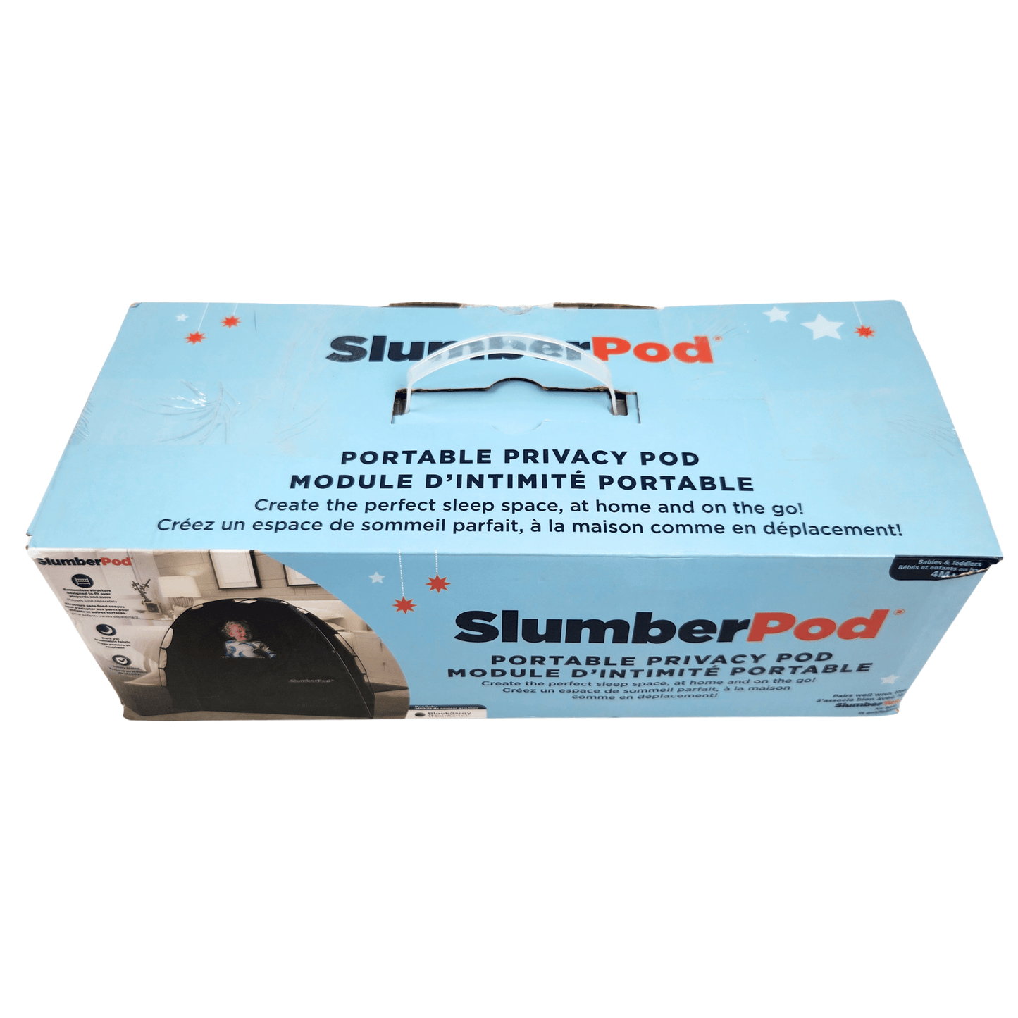 SlumberPod portable privacy pod blackout canopy crib cover bed tent in black, packaging box front top view
