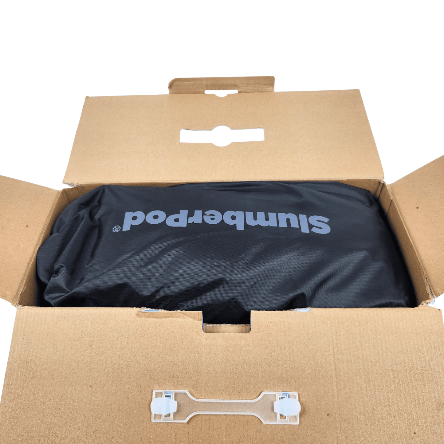 SlumberPod portable privacy pod blackout canopy crib cover bed tent in black, packaging box when open